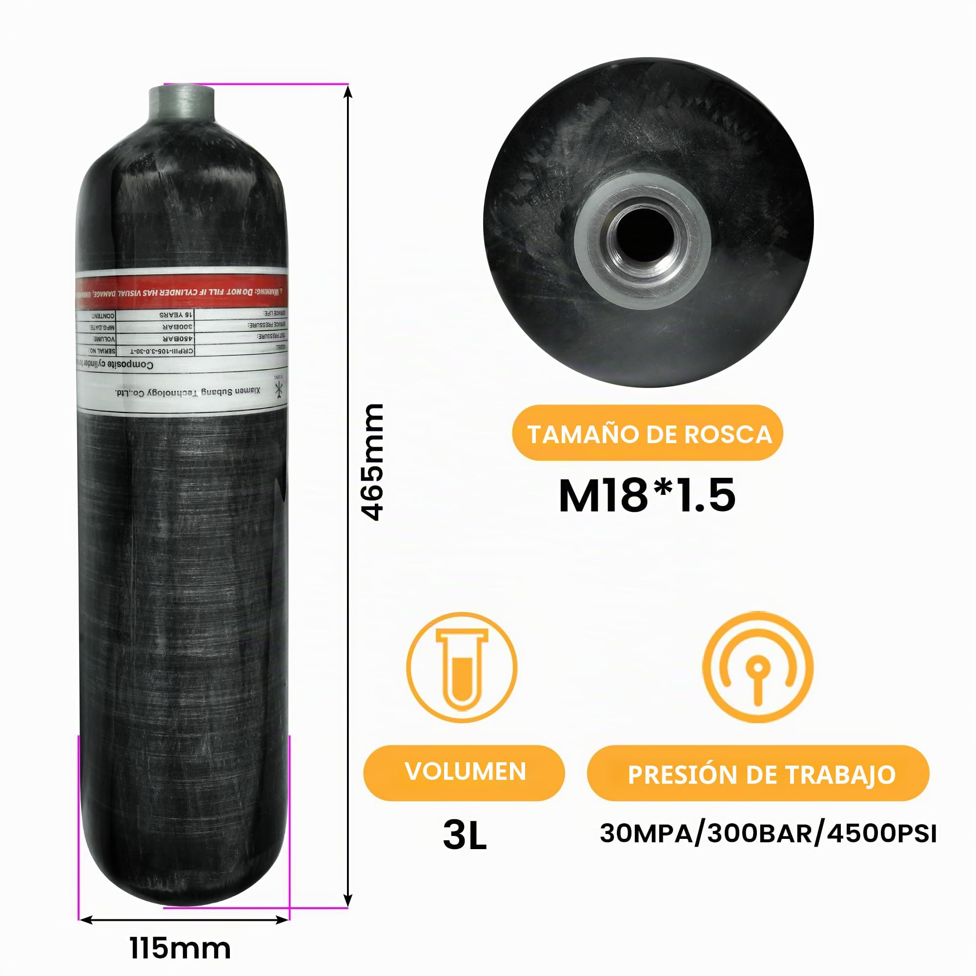 TUXING Cilindro de Fibra de Carbono 3 L 183 Pulgadas cúbicas Tanque de Aire Paintball 4500 PSI