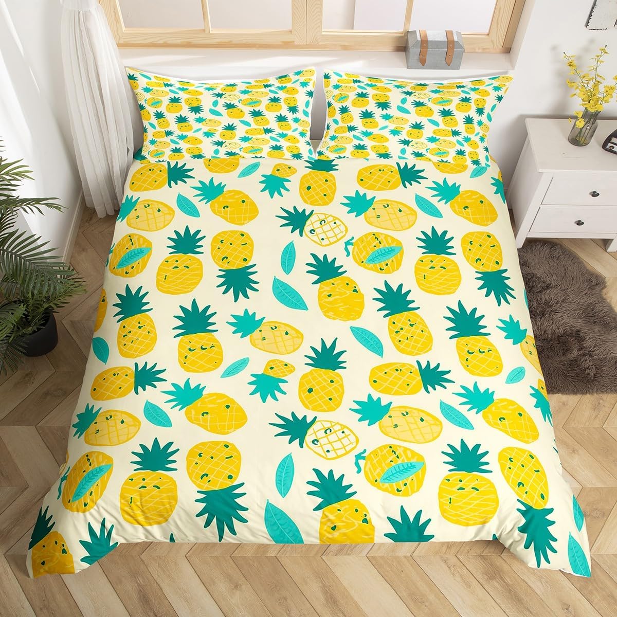 Feelyou Cartoon Pineapple Duvet Cover Set Cute Pineapple Bedding Set Kids Boys Girls Delicious Summer Food Comforter Cover Tropical Quilt Cover 1 Duvet Cover with 1 Pillowcase Twin Size (No Comforter)
