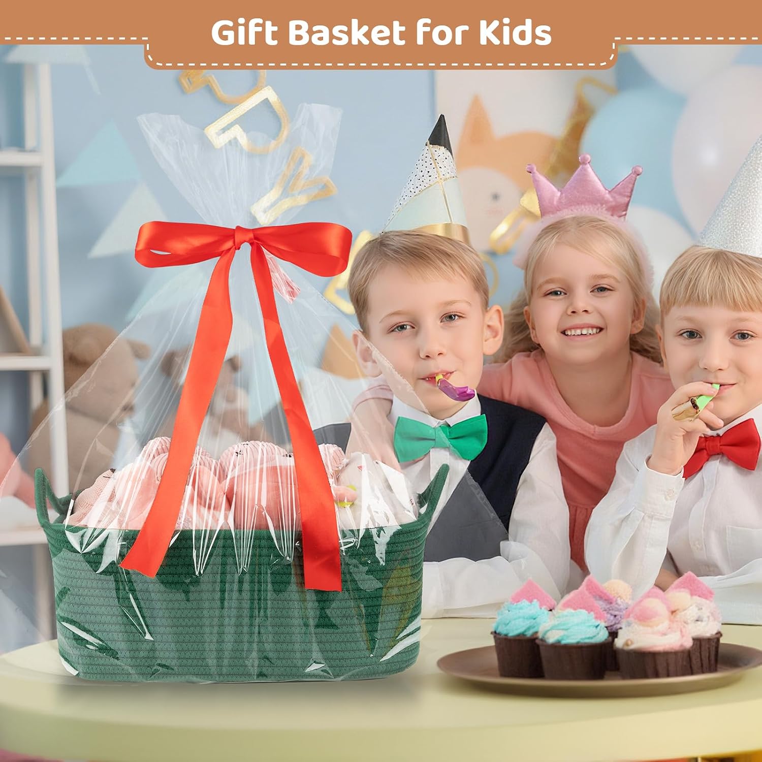 OIASKET Large Empty Gift Baskets for Baby Shower, 16.5" L x 12.6" W x 7" H Cute Woven Storage Basket with Gift Bags and Ribbons, Small Rope Toy Basket with Handles, Cat Dog Pet Toy Organizer - Green