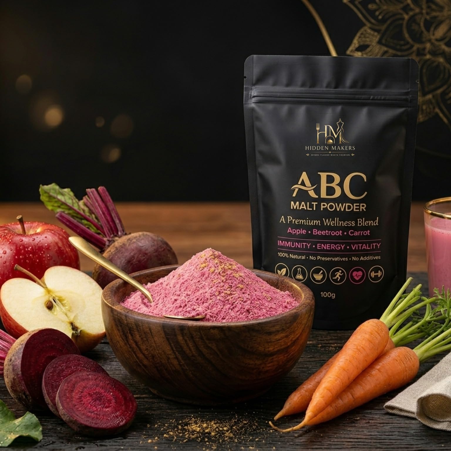 Hidden Makers ABC Malt Powder Apple Beetroot Carrot Wellness Drink Mix Natural Health Supplement for Immunity Energy Vitality Daily Nutrition Superfood Blend No Preservatives No Added Sugar 100g-image-13