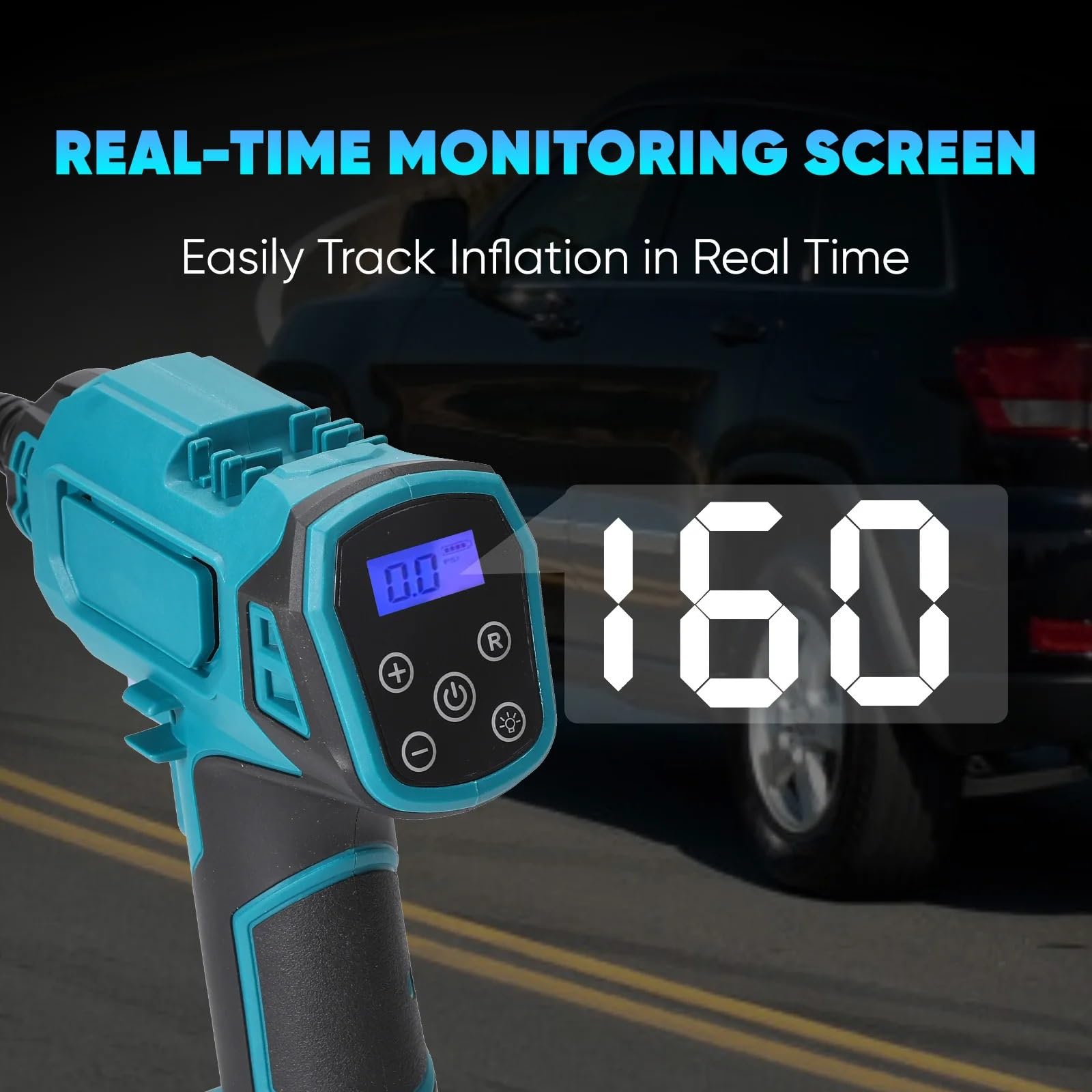 Inflador Ruedas Coche Inflador de neumáticos de Coche portátil inalámbrico, luz LED, batería de 18V, Carga Dual de Coche de 12V para SUV/Motocicleta/Bicicleta Compresores de Aire portátiles