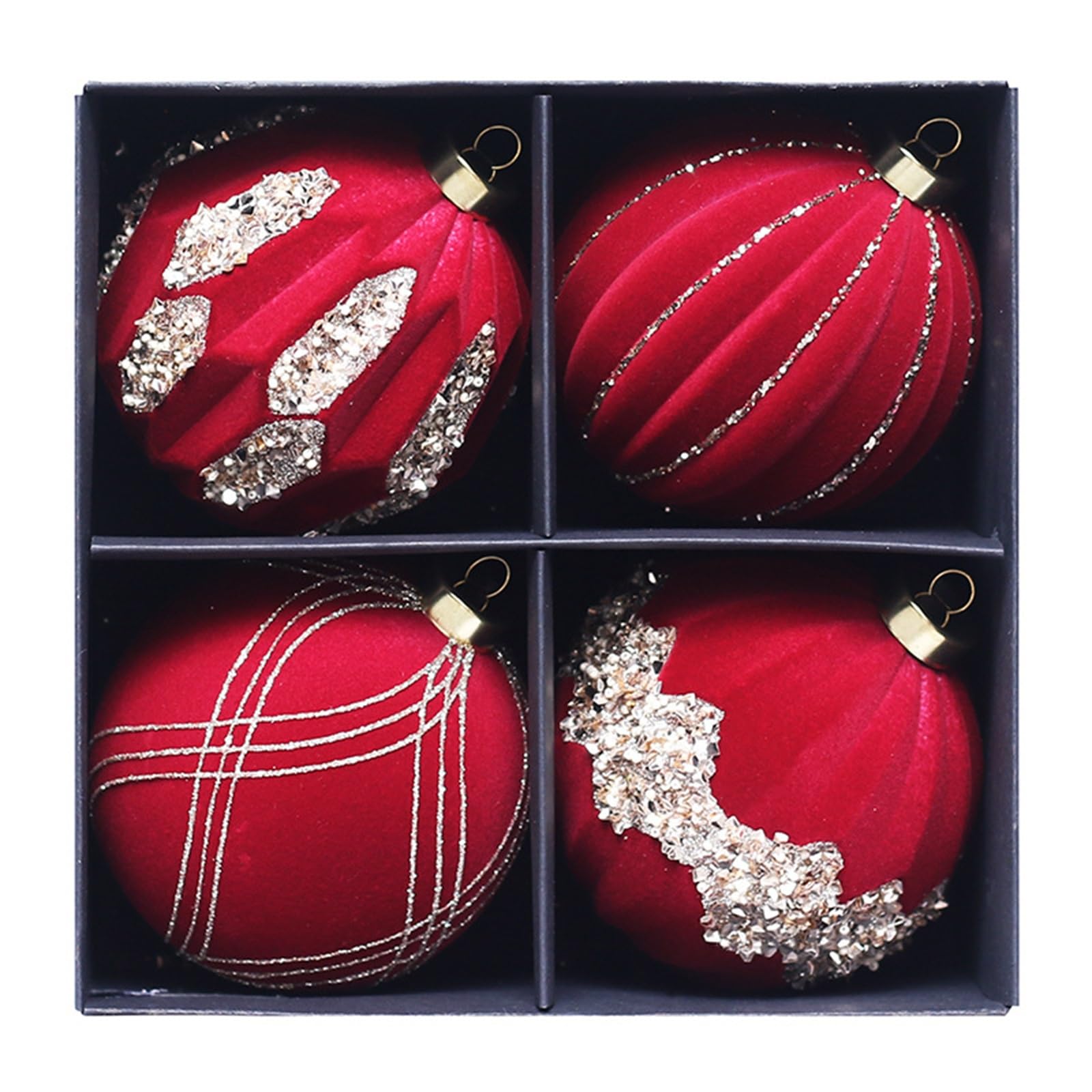 Adornos Navideños de Bolas Decoración navideña Juego de Bolas navideñas flocadas con Diamantes de 10 cm / 4 Piezas para árbol de Navidad, Fiestas, Bodas(Rouge)