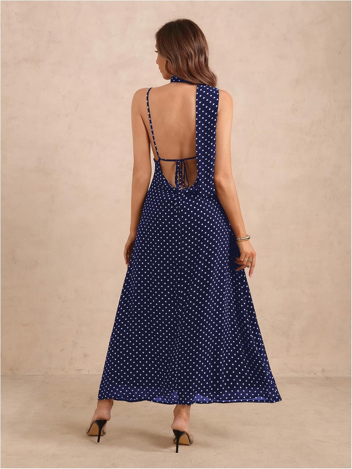 Women's Polka Dots Tie Backless Dress Deep V Neck Spaghetti Strap Maxi Dresses with Scarf - Image 2