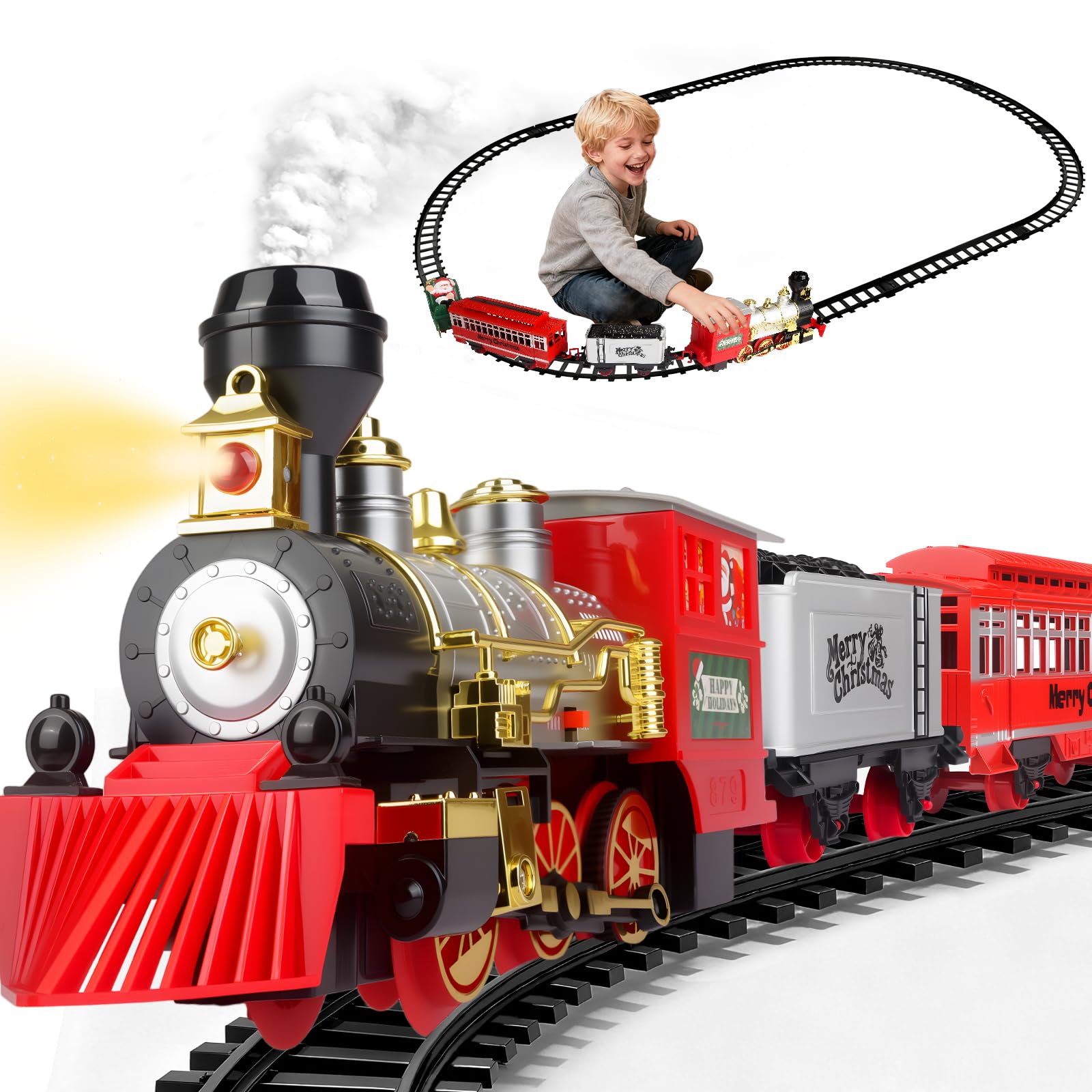 Treno Elettrico per Bambini con Fumo, Luci e Suoni - Set Treno a Vapore Giocattolo per Ragazze Ragazzi di 3 4 5 6 Anni - Regalo di Natale Perfetto