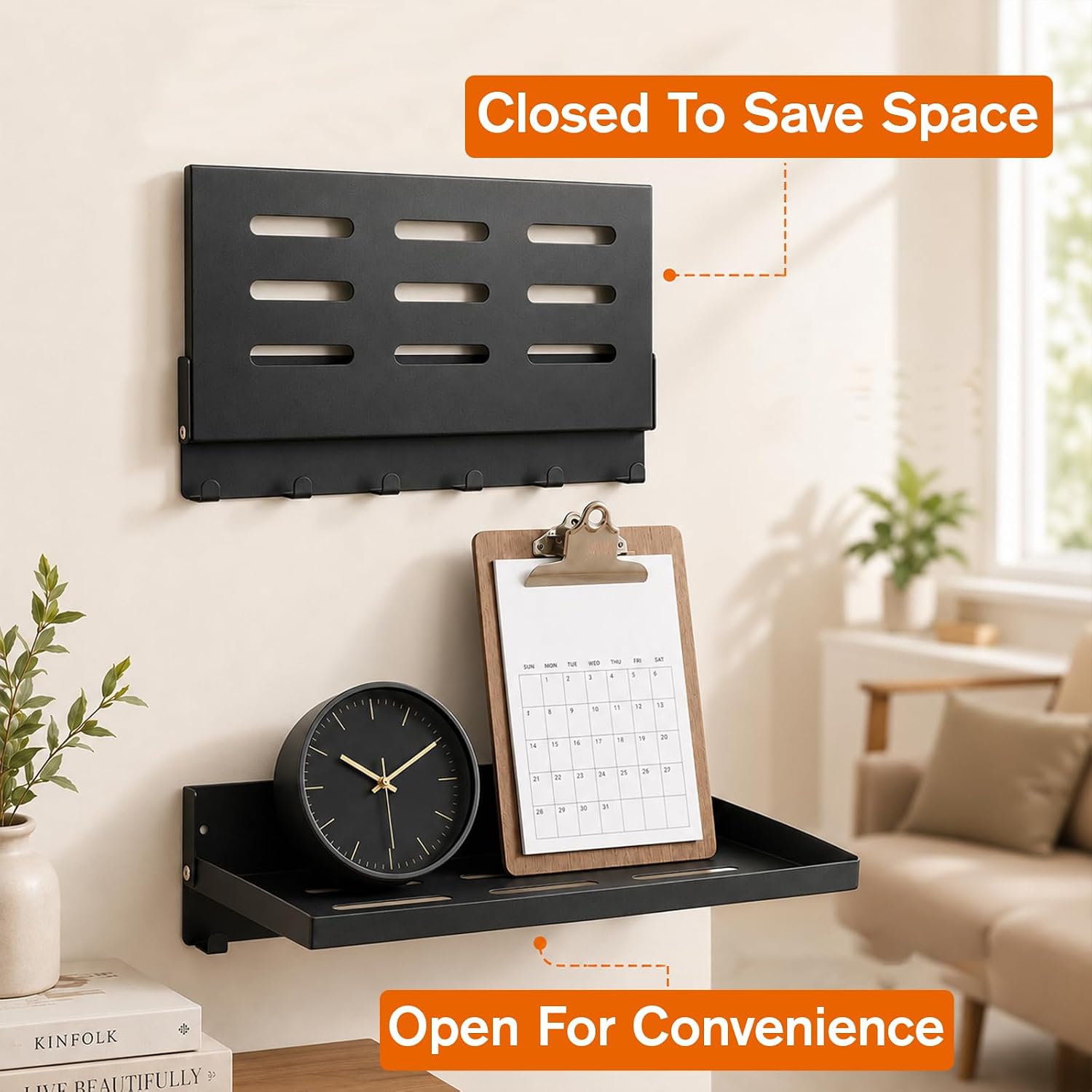 2 Pcs Small Folding Wall Shelf with Hooks, Wall Mounted Fold Down Shelf 90° Folding Carbon Steel Space Saving Shelves for RV Camper Laundry Room Garage Utility Room(11.8" x 7.1", Black)