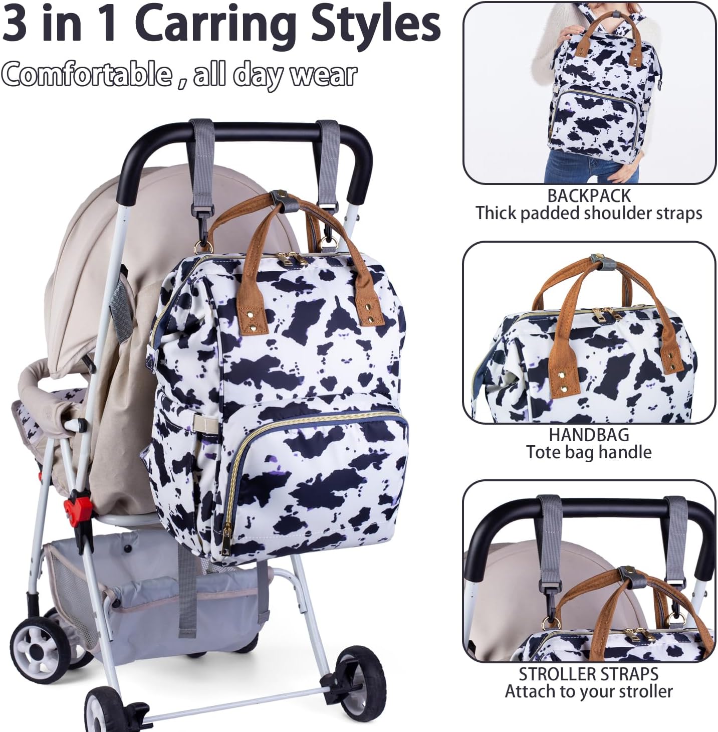 Cow Print Baby Diaper Bag Backpack for Mom Dad with Stroller Straps Large Capacity Multi-Function Nappy Bags Organizer (Cow)