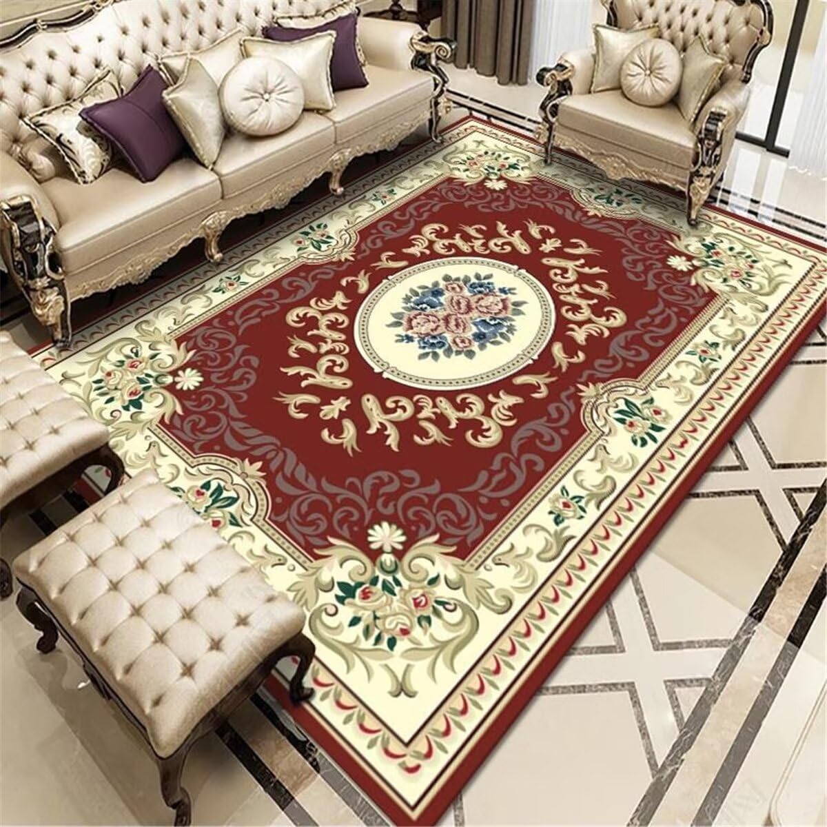 Déco Chambre Ado Fille Tapis Antidérapant Décoration Florale Rouge Tapis Traditionnel de Style rétro Deco Chambre Ado Garcon 90X150CM