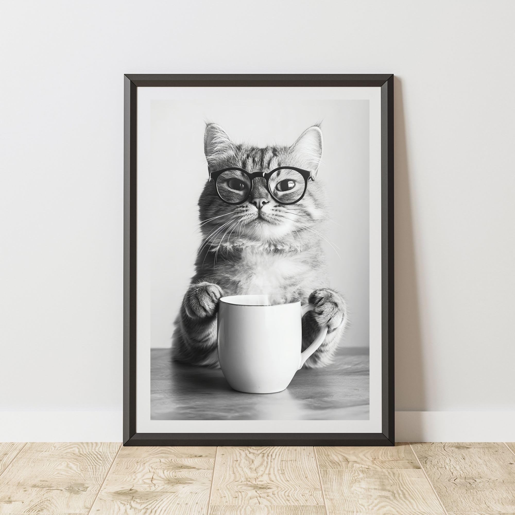 60 Second Makeover Limited Funny Cat Drinking Coffee Print Wall Art Office Accessories Posters & Prints Decorative Home Accessories Kitchen Wall Art Pictures Coffee Gifts No Frame - A4
