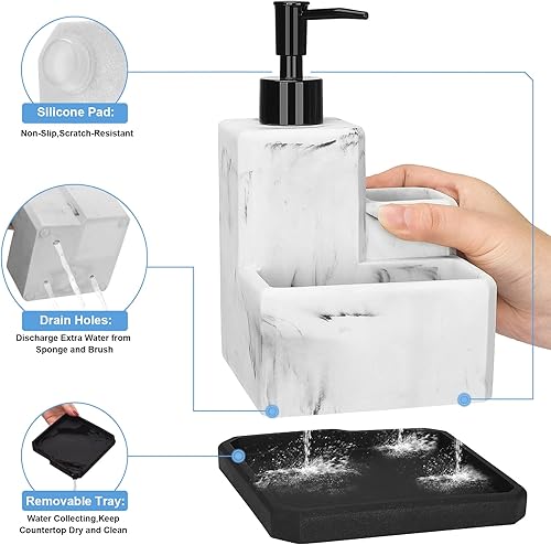 Miniatura 4 de Dispensador de jabón con soporte de esponja y soporte para cepillo, dispensador de jabón líquido de mármol blanco 3 en 1 y soporte de esponja para