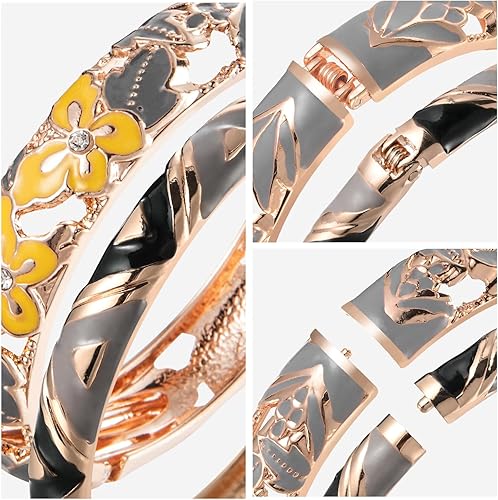 Miniatura 4 de UJOY Pulsera Cloisonne multicolor para mujer, chapada en oro, con flores, esmaltada, esmaltada, con bisagras, regalo de joyería 88A10