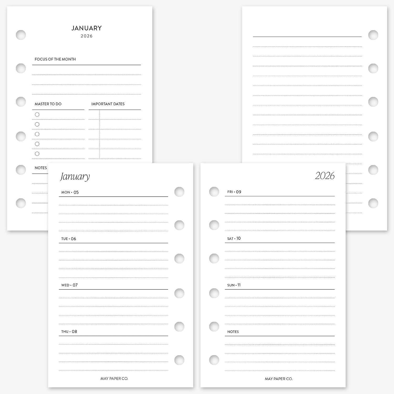 MAY PAPER CO. 2026 Pocket Weekly Planner Refill, Week on Two Page Planner Insert for Pocket Filofax and LV PM 6 ringed Agenda (Horizontal Lined)