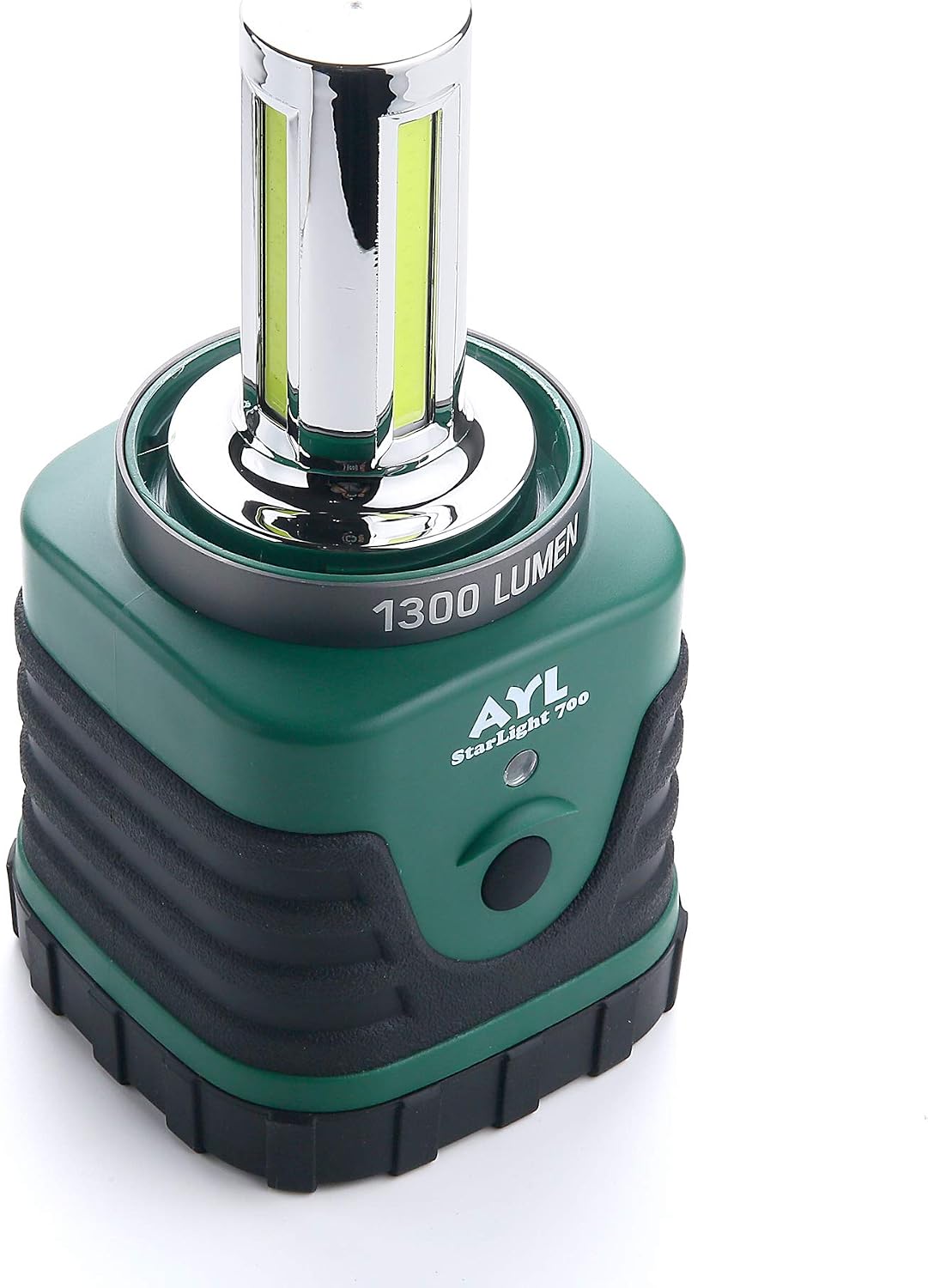 Front view of the AYL Starlight 700 LED Lantern, highlighting the power button and the '1300 LUMEN' label.