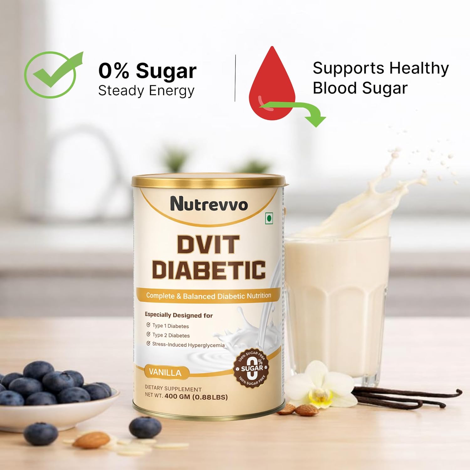DVIT Diabetic Vanilla Flavour | Complete & Balanced Diabetic Nutrition | Sugar Free Dietary Supplement | For Type 1 & Type 2 Diabetes | 400 g