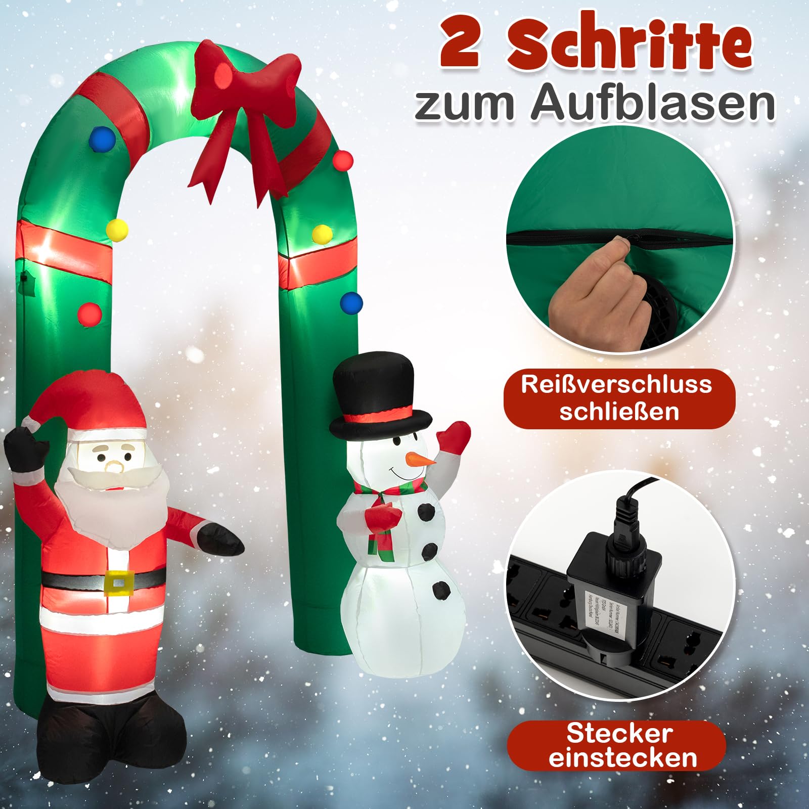 COSTWAY aufblasbarer Weihnachtsbogen 245cm, LED Weihnachtsdekoration mit Weihnachtsmann & Schneemann, Weihnachtsdeko Outdoor, Weihnachtsbeleuchtung für Garten, Hof, Terrasse, selbstaufblasend