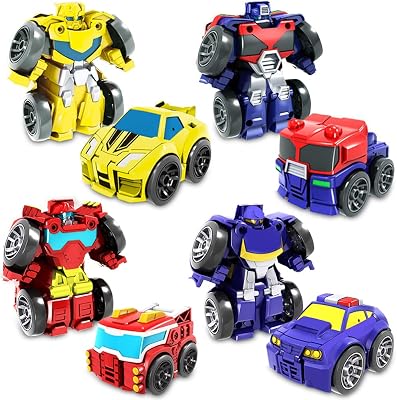 SCKTYZS Mini Transform Robot for Toddler, 4.5-inch Converting Action Figures, 4 Collectible Rescue Vehicle Construction-Bot Playset Boys Hero Figure Modified Bots Kids Birthday Gift Stocking Stufferâ€¦