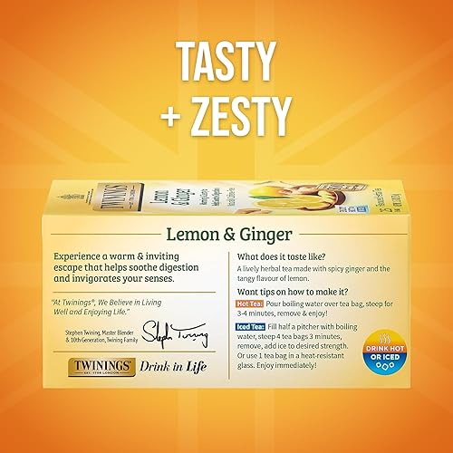 Miniatura 2 de Twinings Lemon & Ginger - Bolsas de té de hierbas envueltas individualmente, 6 paquetes de 25 unidades, jengibre picante, cáscara de limón y
