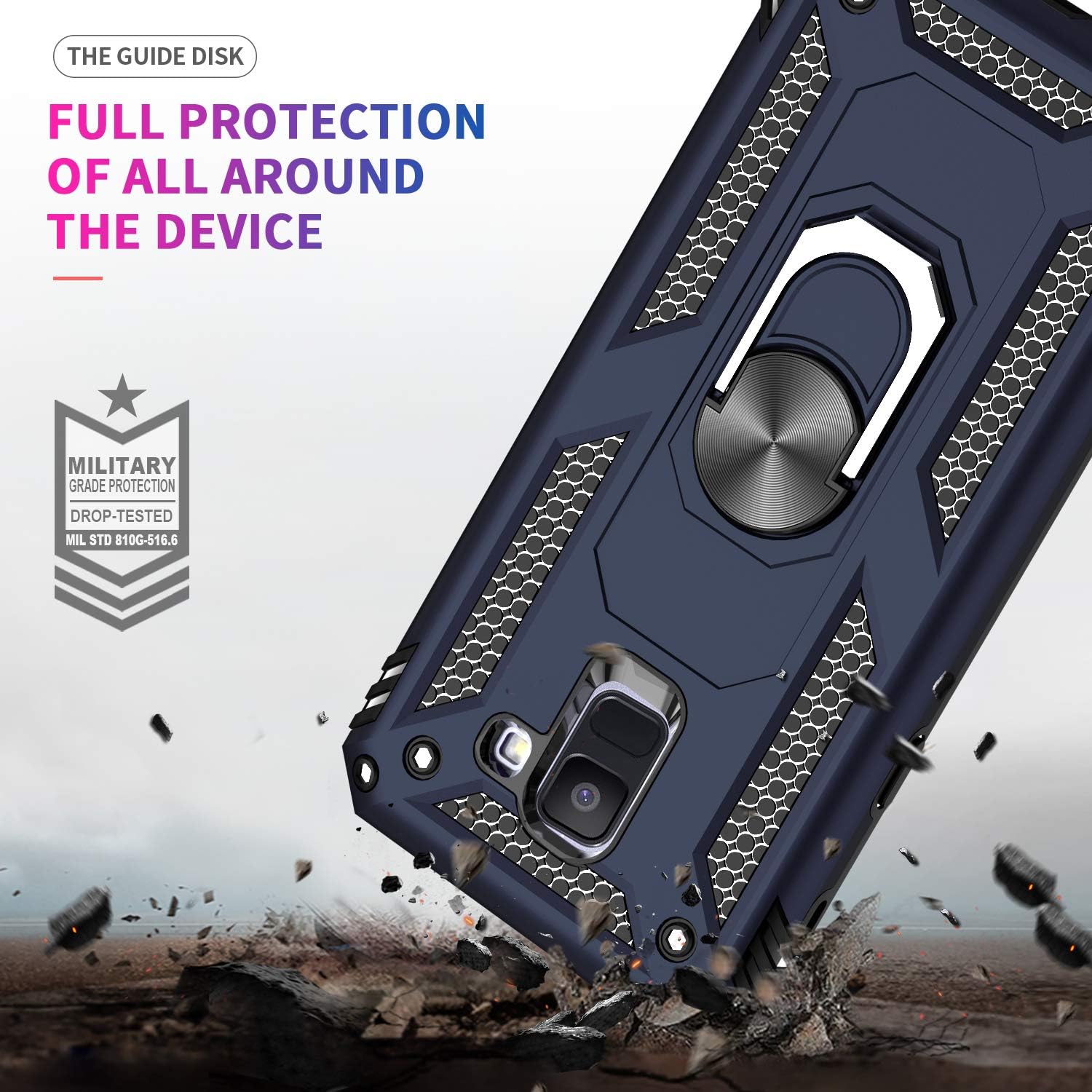 LeYi Compatible for Samsung Galaxy A6 Case with [2 Pack] Tempered Glass Screen Protector, [Military-Grade] Protective Phone Case with Magnetic Car Ring Holder Mount Kickstand for Samsung A6, Blue