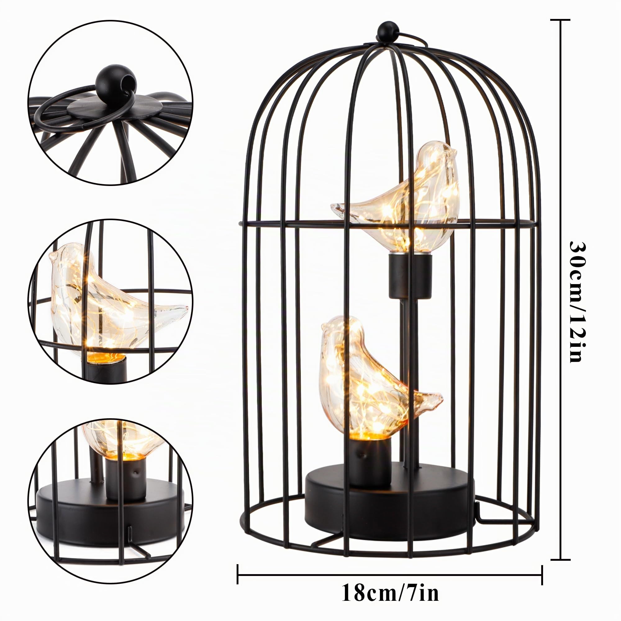 JHY DESIGN Cage à Oiseau Lampe Décorative à Piles 34 cm de Haut Sans Fil avec Guirlande Lumineuse Blanche Chaude pour Salon, Chambre à Coucher Cuisine Mariage de Noël Noir
