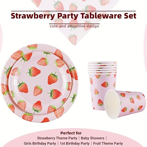 Miniatura 3 de Juego de vajilla de fiesta de fresa, 200 piezas de suministros para fiesta de cumpleaños, platos de papel desechables de fresa, platos de cena,