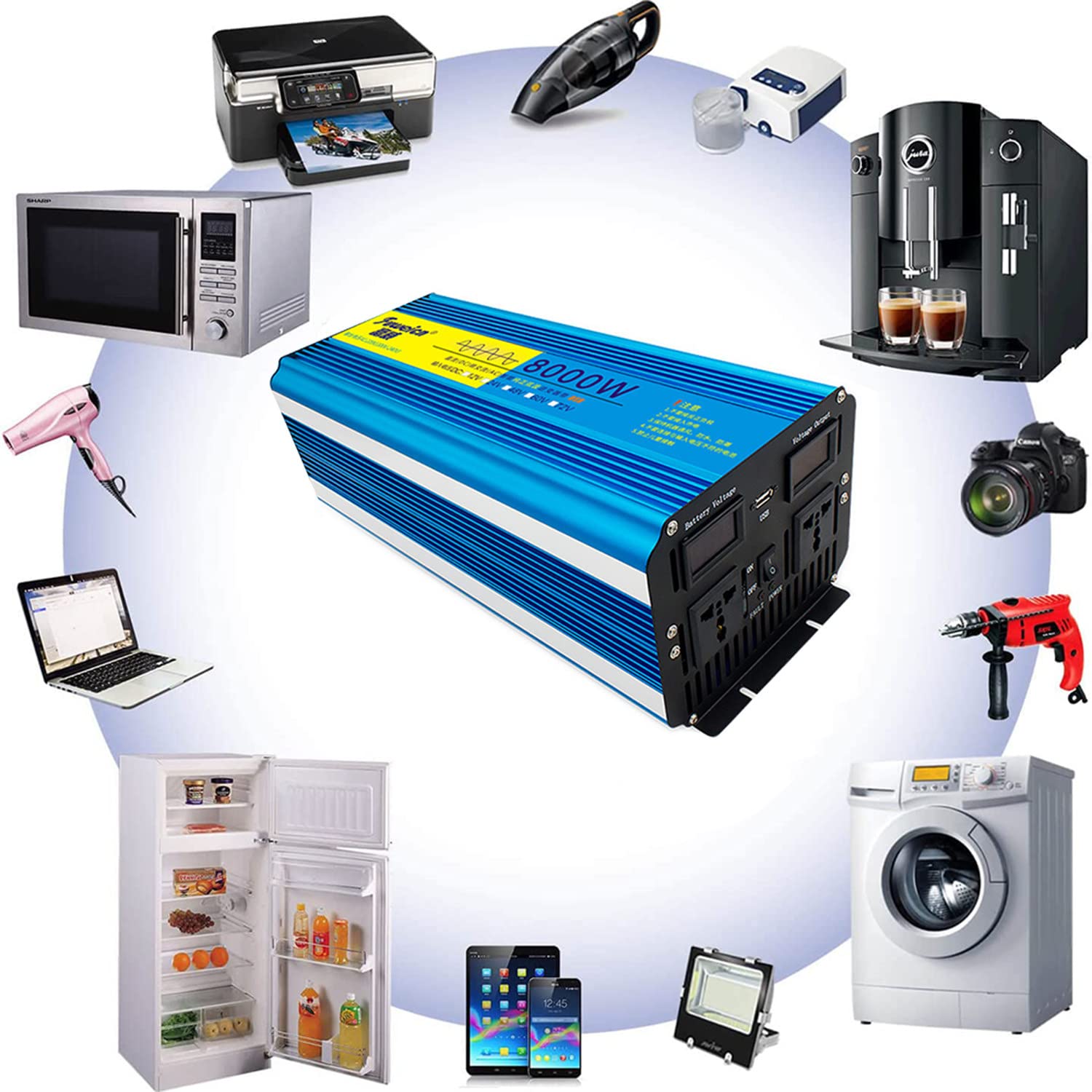 Przetwornica mocy czystej fali sinusoidalnej 2000W/3000W/4000W/5000W/6000W/8000W DC 12V/24V/48V/60V/72V na AC 110V/230V konwerter z pilotem, gniazdami AC i wyświetlaczem LCD,5000W-24V
