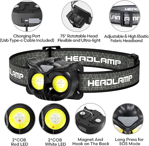 Vista 2 de Lsnisni Linterna frontal recargable, luz LED brillante ultraligera para niños con luz roja, lámpara de cabeza para adultos y niños con 5 modos