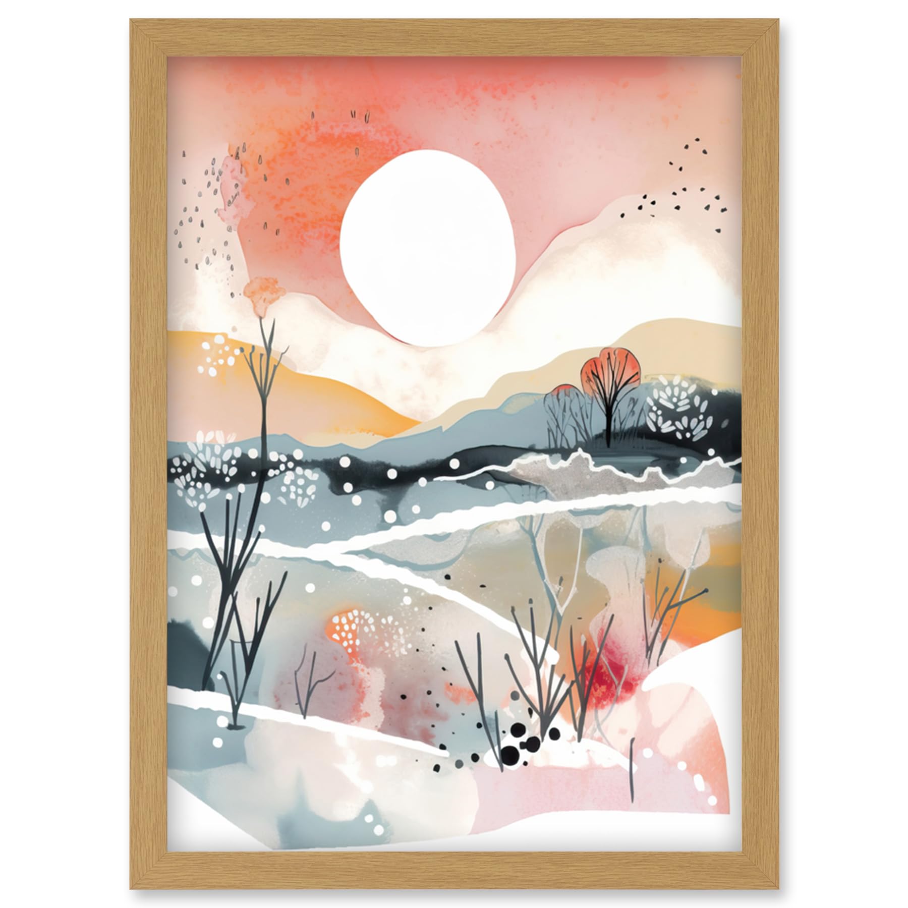 Artery8 Sunset in Winter Landscape Boho Modern Folk Art Artwork Framed Wall Art Print A4