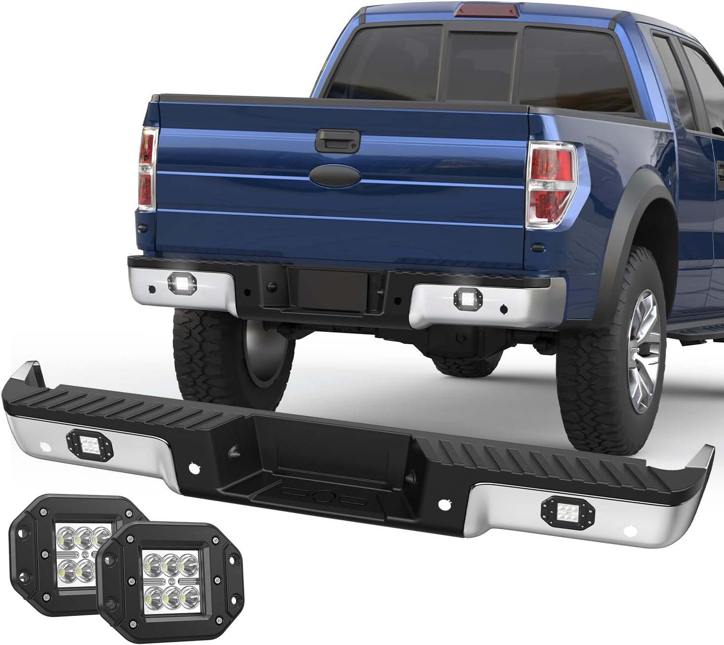 Chrome Rear Step Bumper Assembly Compatible for 2009-2014 Ford F-150 Pickup with LED Square Light Steel Complete Back Bumpers -WITH Parking Sensor Holes w/ LED Square Light+Parking Holes 2009-2014 f150 Chrome