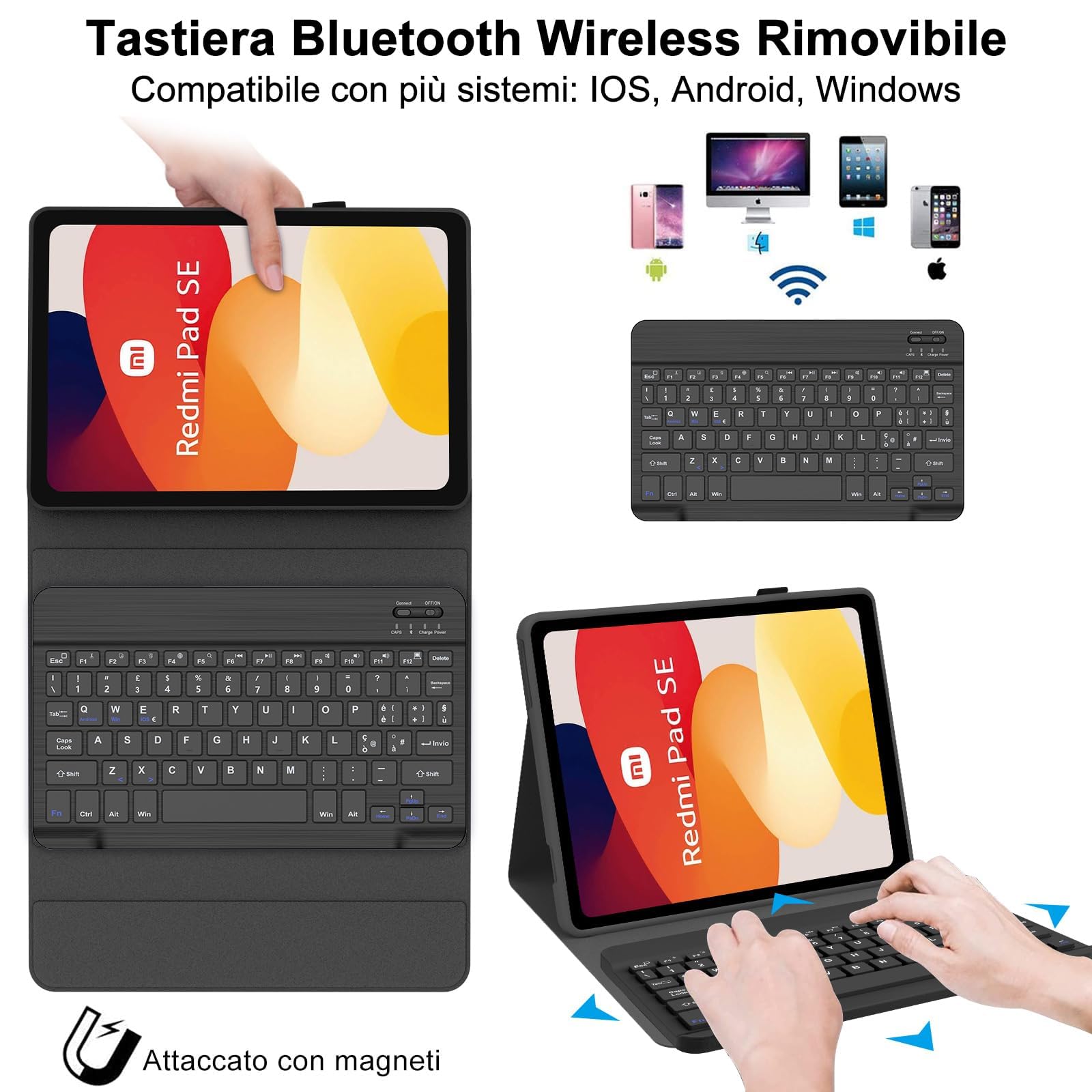 IVEOPPE Tastiera Xiaomi Redmi Pad SE, Xiaomi Redmi Pad SE Cover con Tastiera, Custodia Tastiera Italiano Bluetooth Magnetica Staccabile per Tablet Xiaomi Redmi Pad SE 11 pollici 2023, Nero