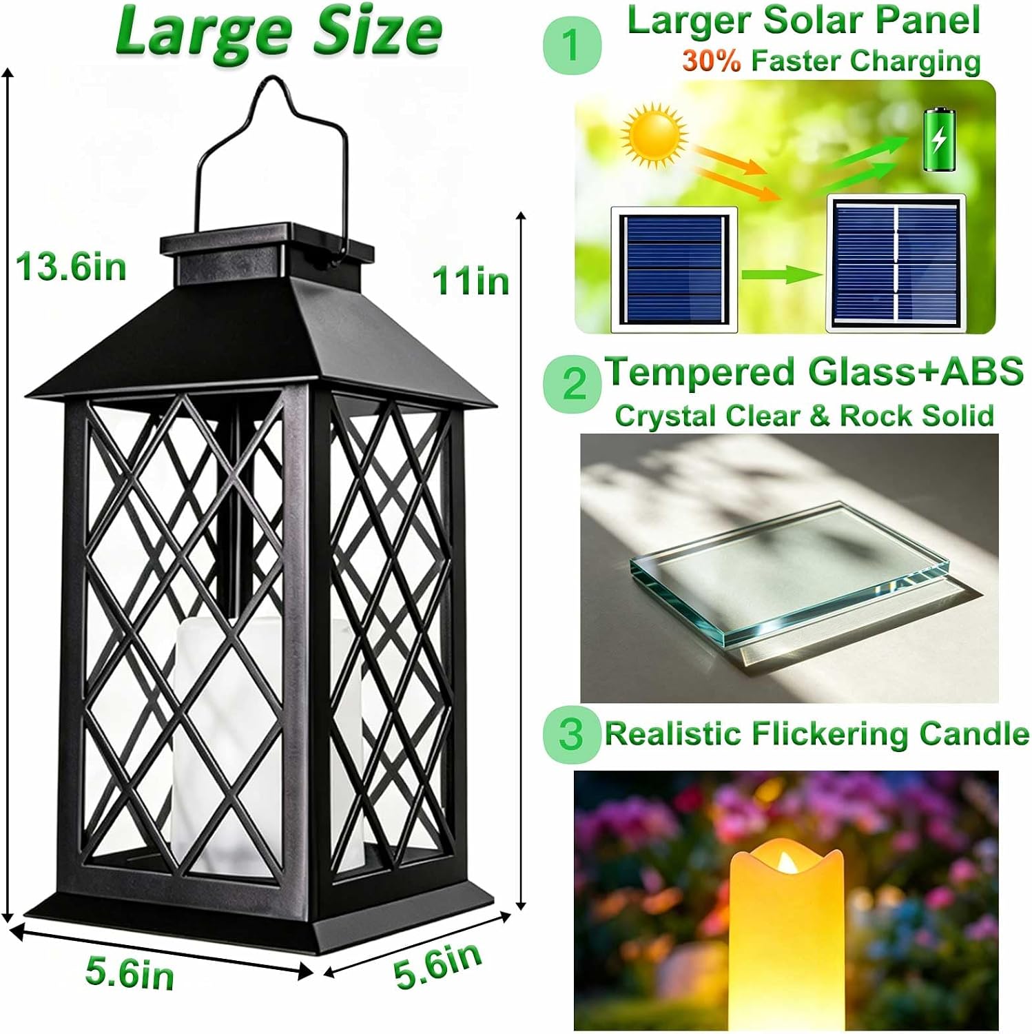 2 Pack 14" Large Tempered Glass Solar Lanterns Outdoor Waterproof, Black thumbnail