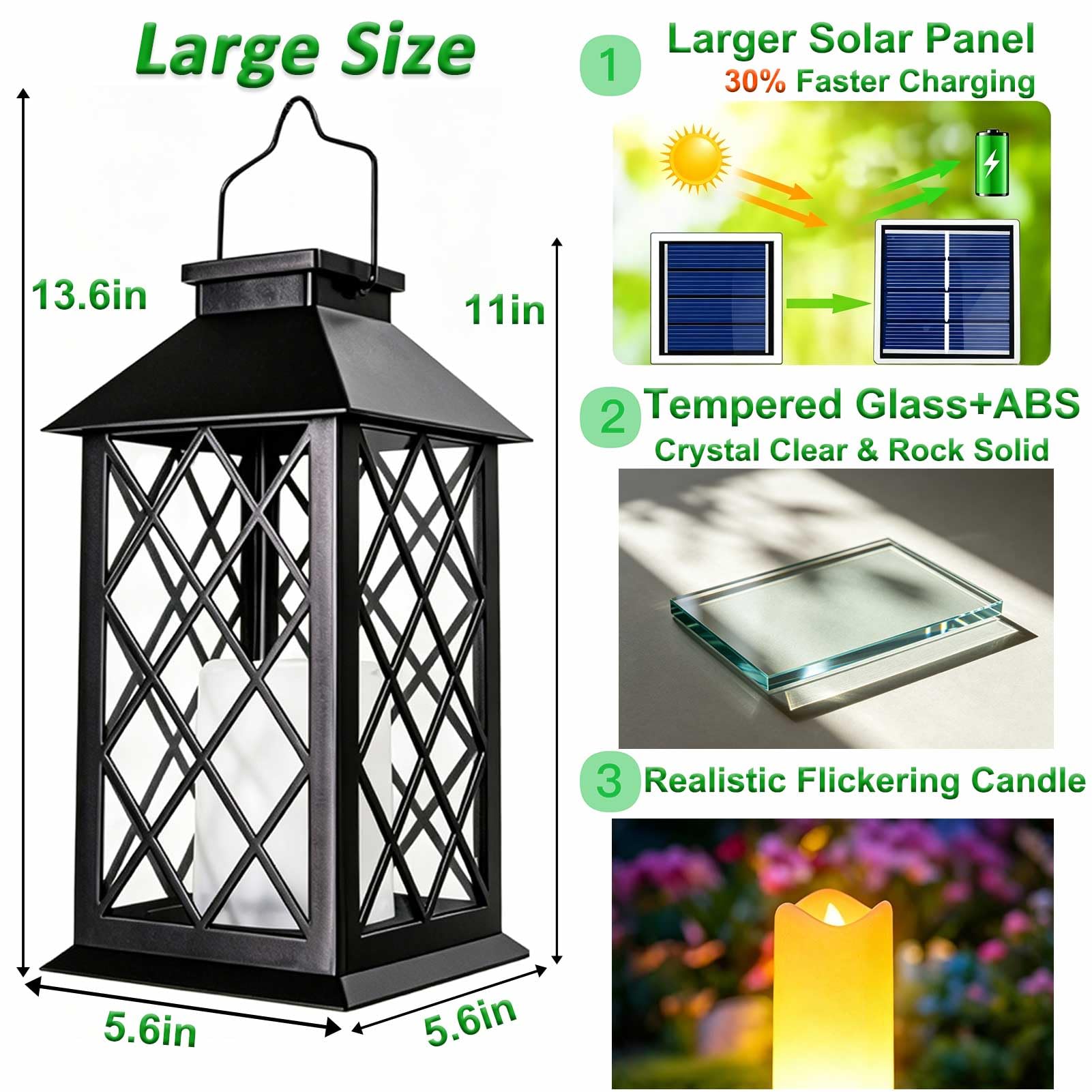 Grandes lanternes solaires d'extérieur étanches en verre trempé de 35,6 cm, lampes solaires suspendues avec bougies vacillantes sans flamme, lanterne solaire rétro pour mur, porche, terrasse, table
