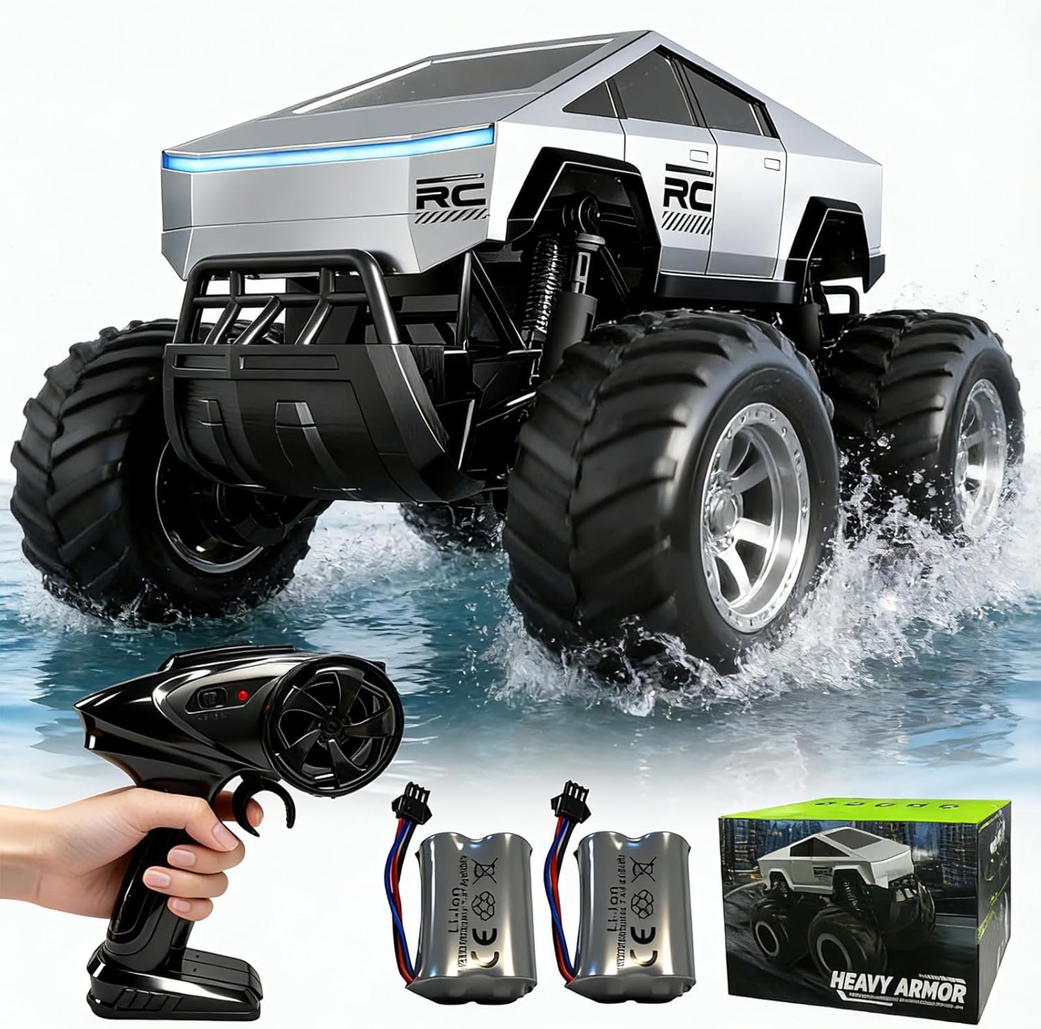 Amphibious Remote Control Truck Toy, 1:16 4WD 2.4GHz Waterproof RC Monster Car Off Road All-Terrain with Headlights and Rechargeable Battery Gifts for Kids Adults Age 6+