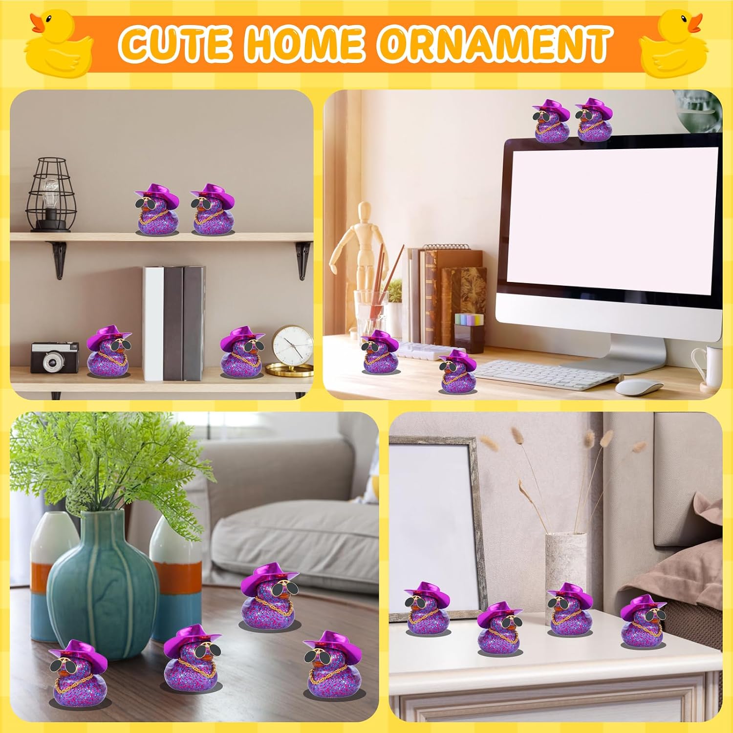 Laser Cowboy Hat Rubber Duck for Car Dashboard Decorments - Blinking Purple Ducky with Gold-Rimmed Glasses & Necklace, Car Duck Accessories (Blink Dark Purple) - Funny Car Ornaments for Women/Men