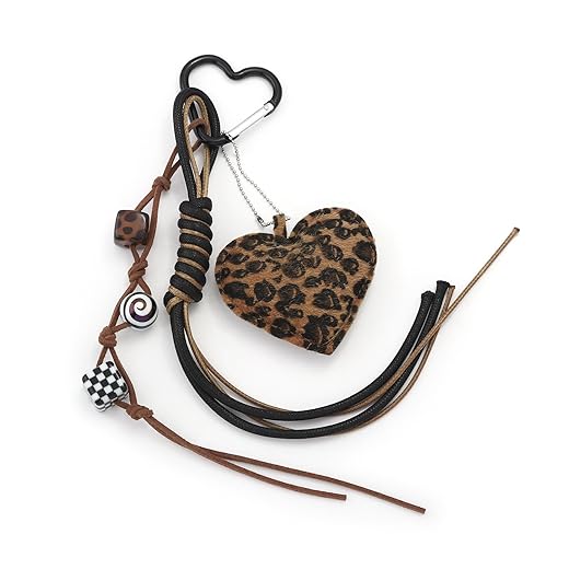 Leopard Print Heart Bag Charms for Handbags - Cherry Purse Charms Keychain with Braided Design - Y2k Accessories