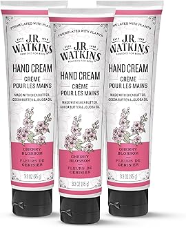 J.R. Watkins Natural Moisturizing Hand Cream, Hydrating Hand Moisturizer with Shea Butter, Cocoa Butter, and Avocado Oil, Cruelty Free, 3.3oz, Cherry Blossom, 3 Pack