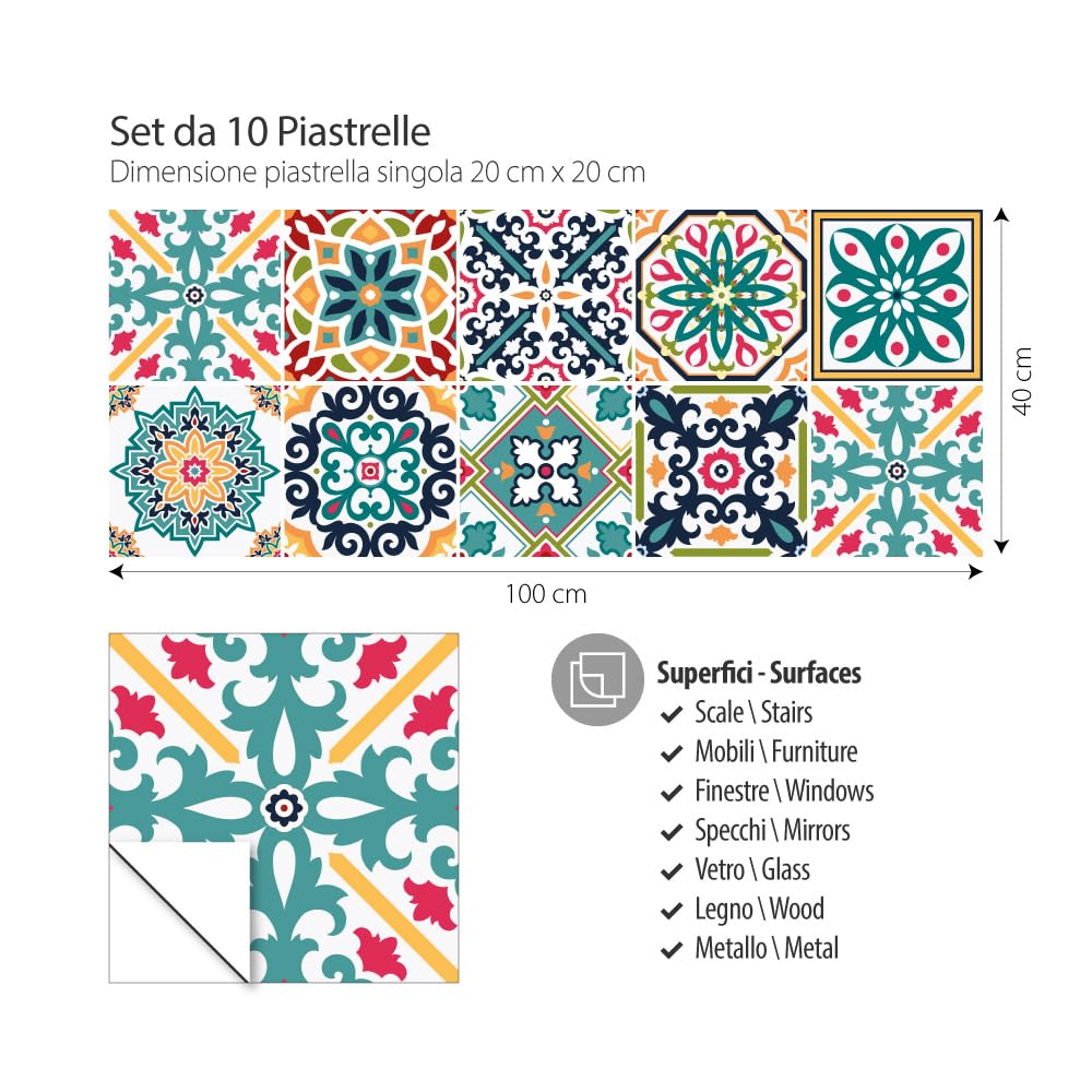 RE-COVERTILES Adesivi Piastrelle Cucina Bagno in PVC 10 Pz 20x20 cm PS00116 | Materiale PVC, Impermeabile, Antigraffio, Decorazione Parete, Peel and Stick, Made in Italy