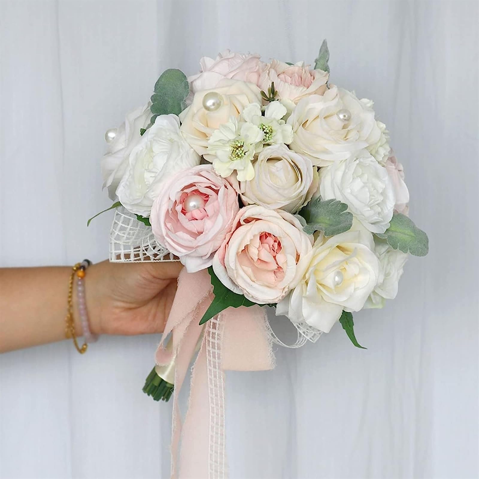 Hochzeitsstrauß for die Braut mit künstlichen Blumen, Champagner-Simulationsblumen, Dekorationszubehör for die Hochzeits- und Verlobungszeremonie, künstlicher Blumenstrauß aus Seide