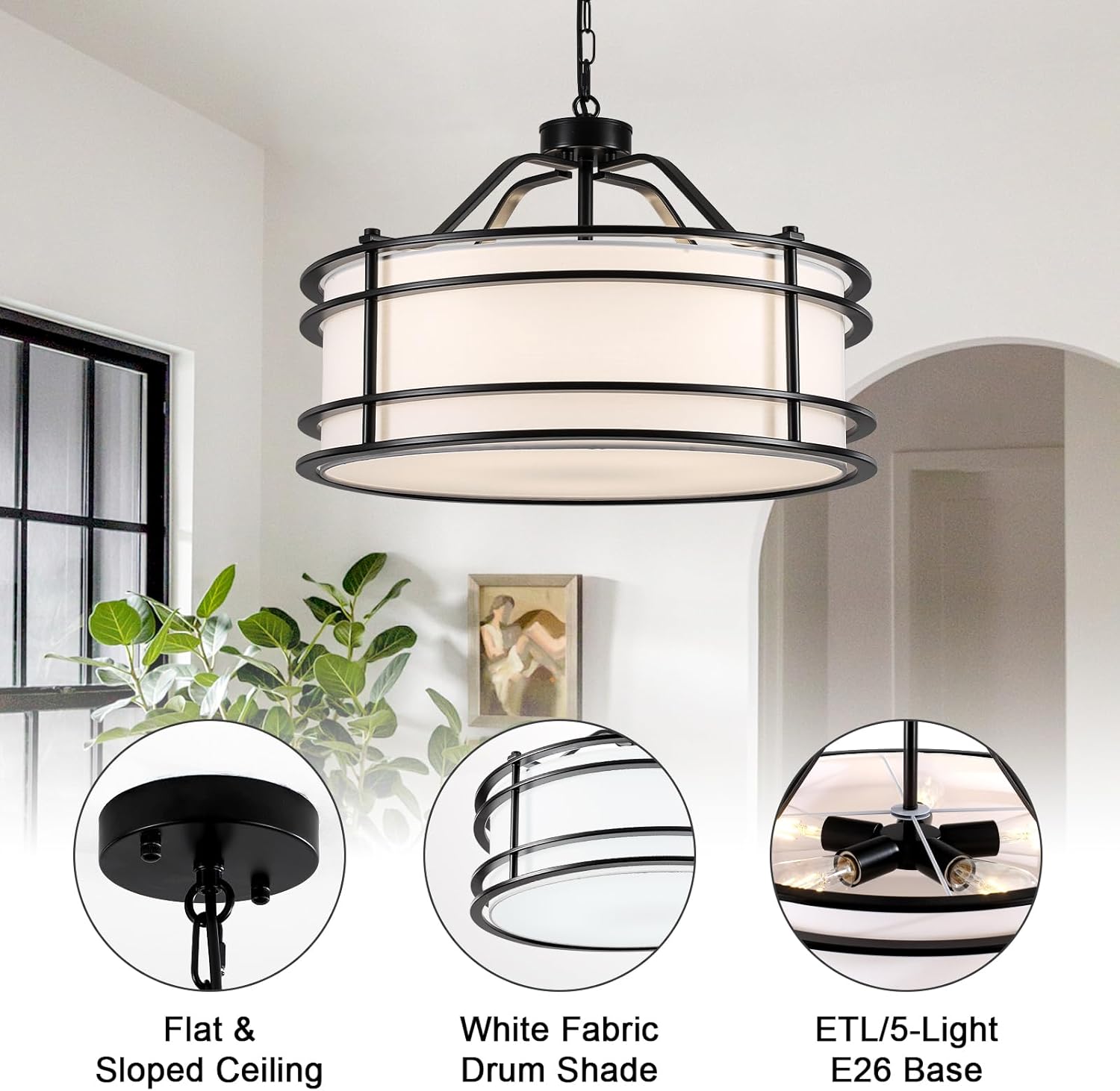21.6" Modern Drum Chandelier, 5-Light Black Chandeliers with White Fabric Shade, Farmhouse Round Pendant Light Fixture for Dining Living Room Foyer, E26