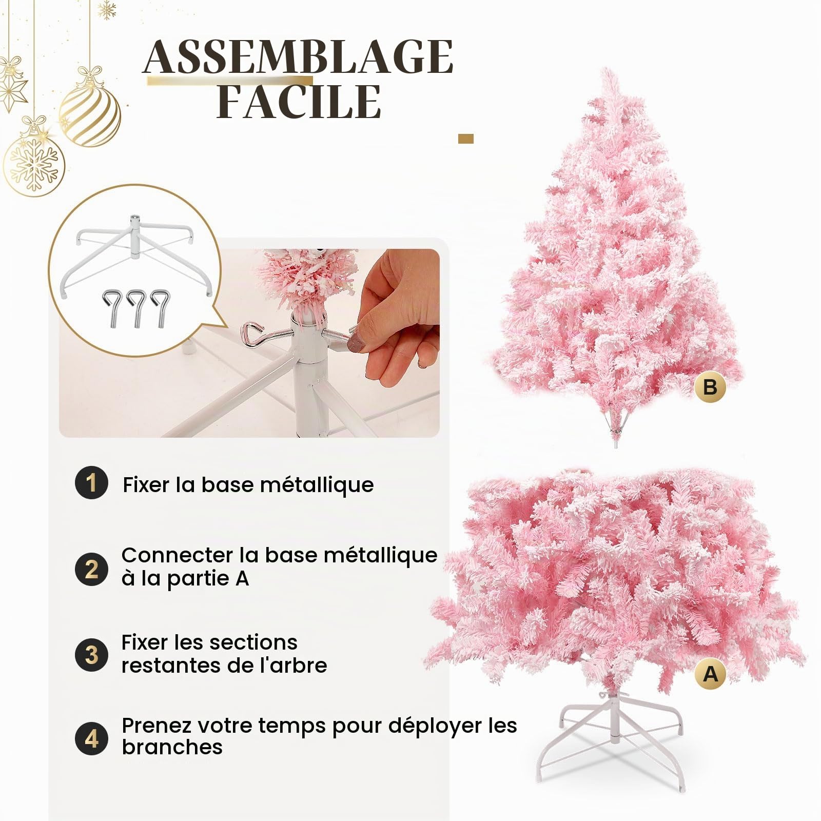Uten Sapin de Noël Artificiel Rose, 210 cm, Flocon de Neige Artificiel, avec 1200 Branches et Support Pliable, pour décoration de Noël intérieure et extérieure