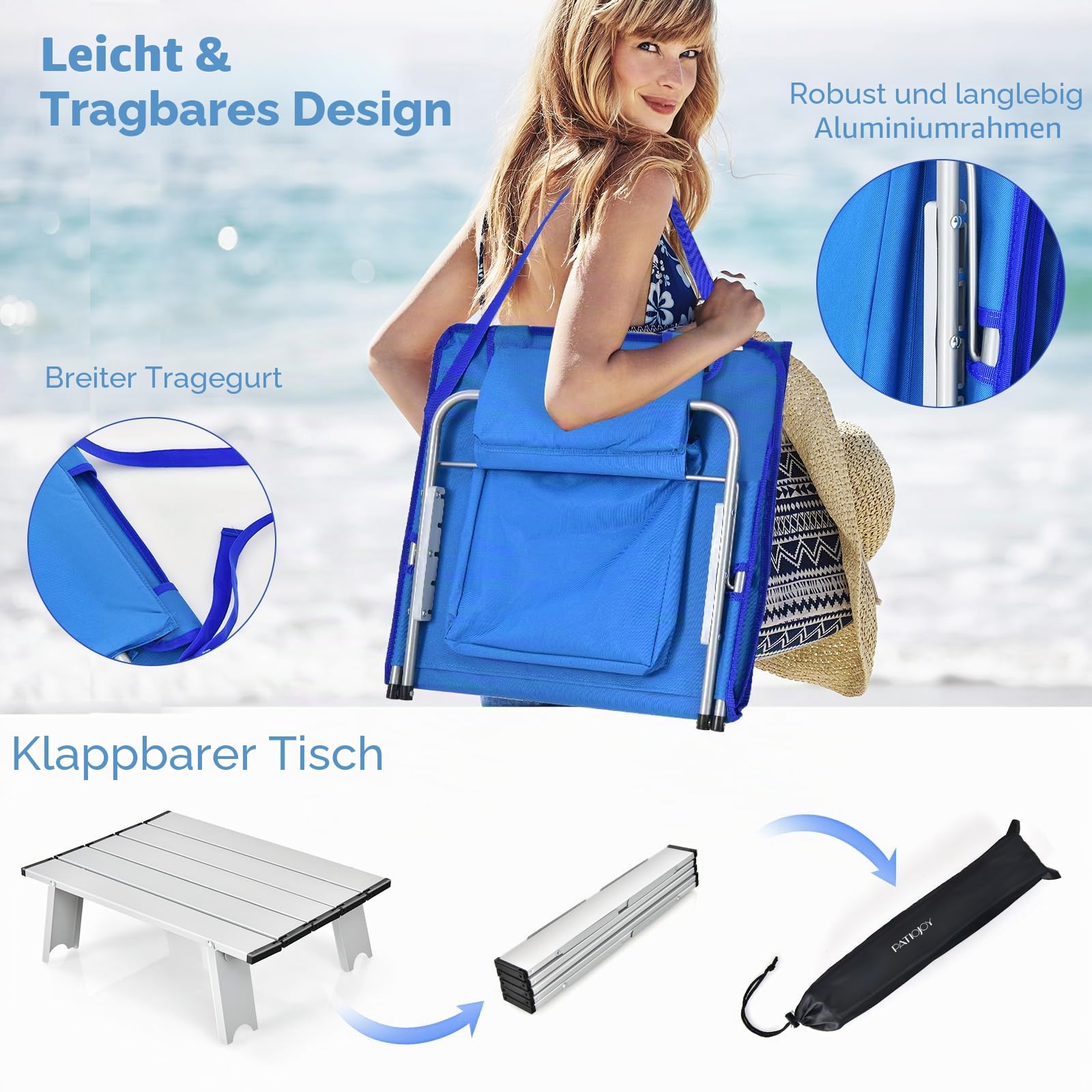 KOMFOTTEU 2er Set Strandmatte mit Tisch, Kopfkissen & Tasche, 3-teiliges Badematten Set, Strandliege mit 5-Fach verstellbare Rückenlehne, klappbare Sonnenliege für Pool Strand Terrasse (Blau)