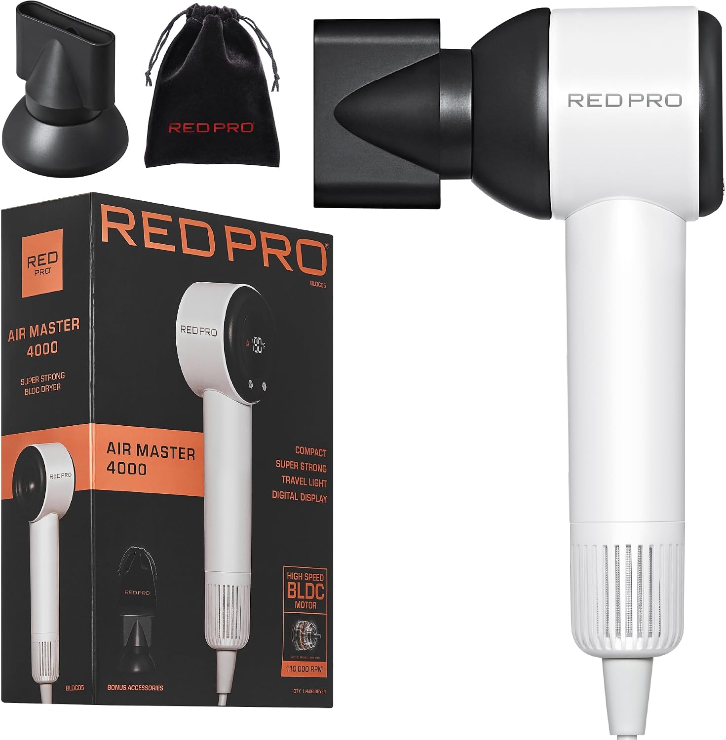 RED Pro Air Master 4000 High Speed BLDC Hair Dryer, 110,000 RPM Professional Brushless Motor for Fast Drying, 40% More Compact Lightweight Design with Smart Memory, Travel Essentials, White