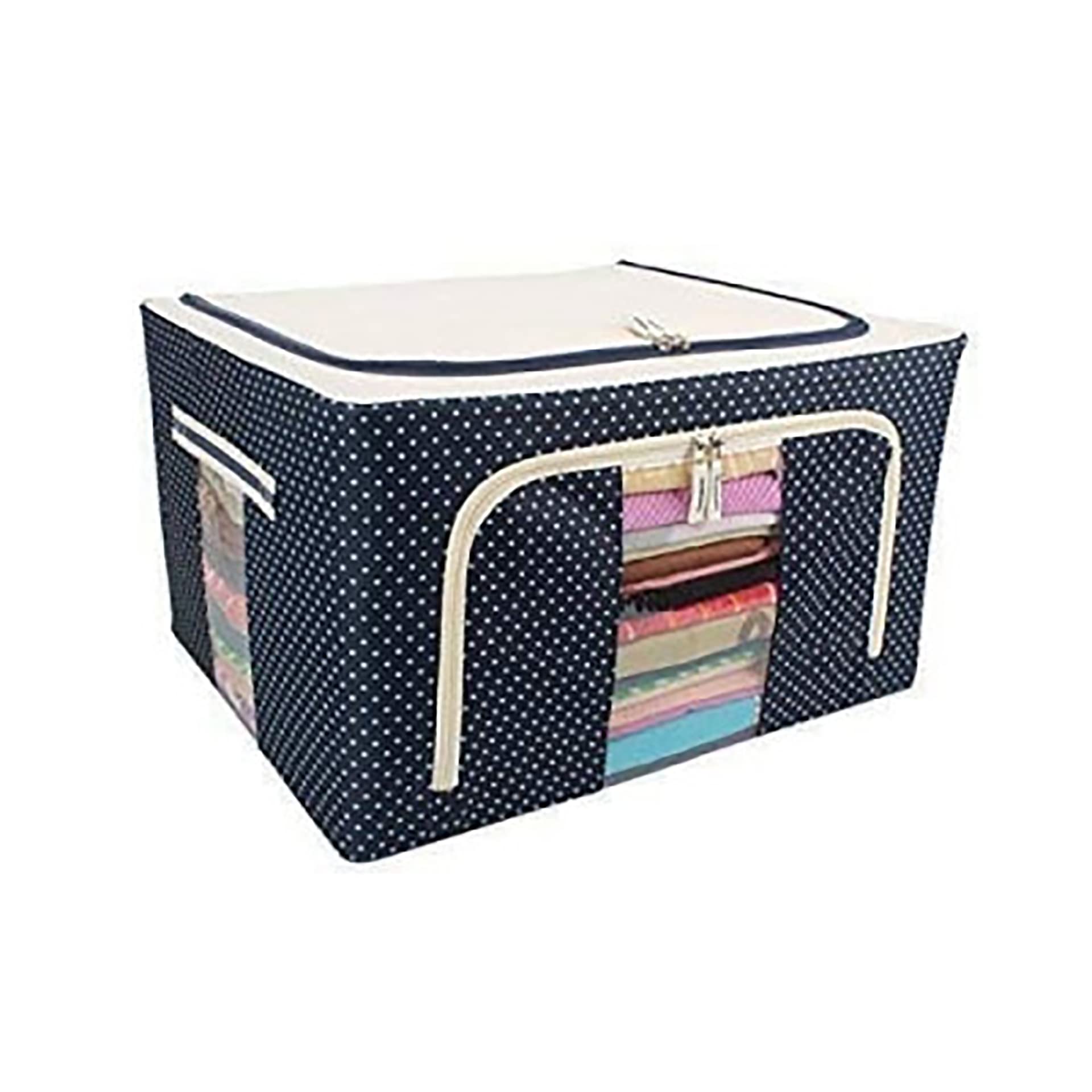 NVF Steel frame Double Opening Zipped Clothes Storage Bag with Window Folding - Underbed Closet Storage Bag Wardrobe Organizer for Storage (Polka Dots, Blue, 24 Liter) (24 Liter Double Opening Zipped Clothes Storage)-image-39
