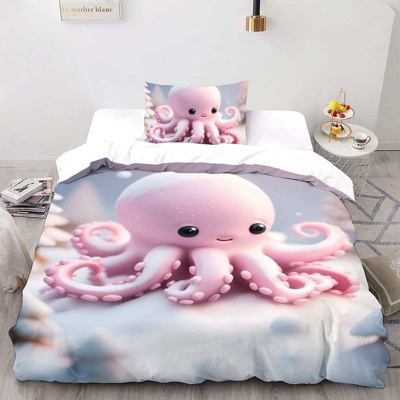 Pieuvre rose housse de couette 135x200 pour une chambre d'enfant douce et marine