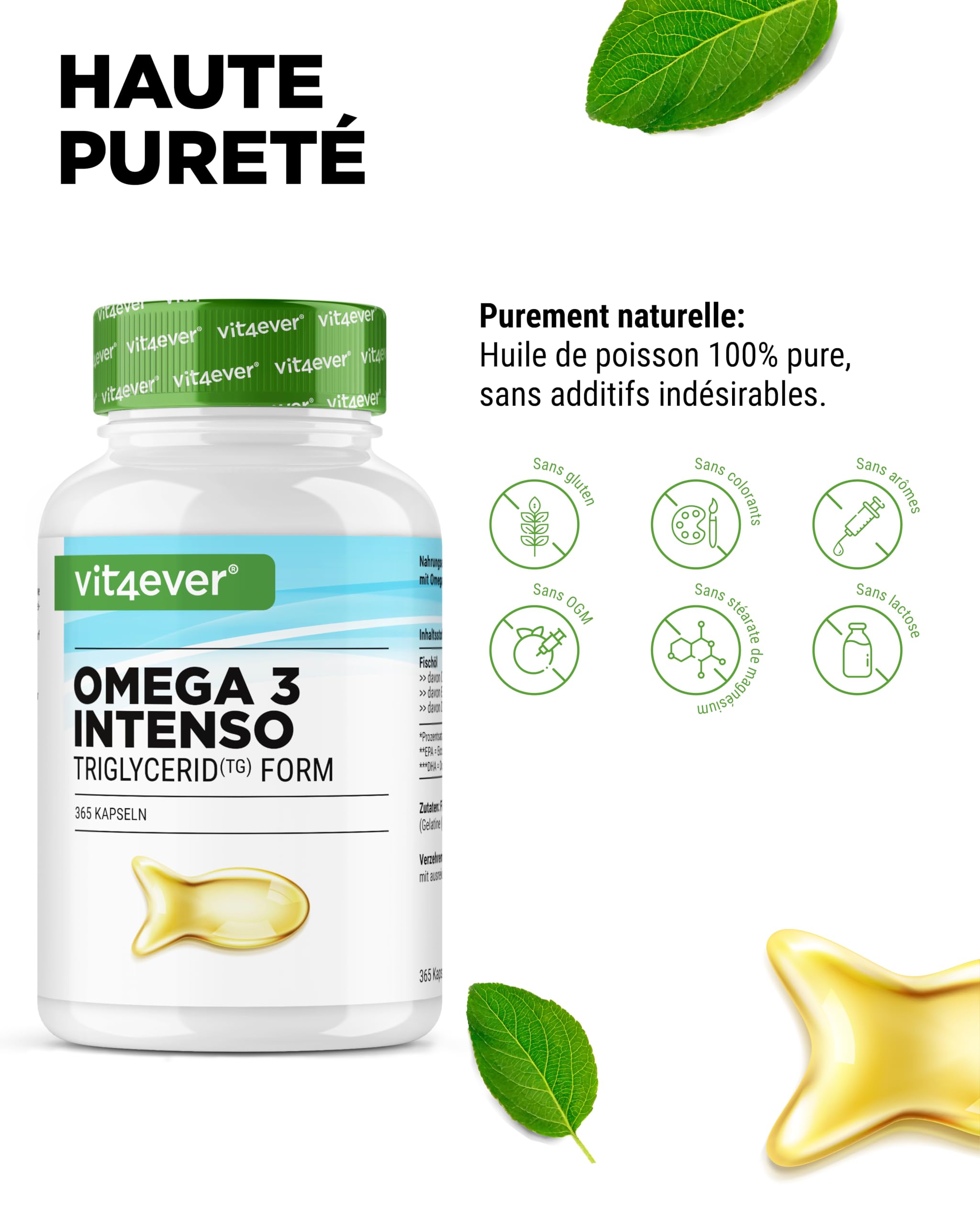 vit4ever Premium Omega 3 avec 80% D'Acides Gras - 365 Gélules | 1000 mg d'Huile de Poisson par Gélule avec EPA & DHA - Forme Triglycéride - Purifié avec Soin à partir de Pêche Durable