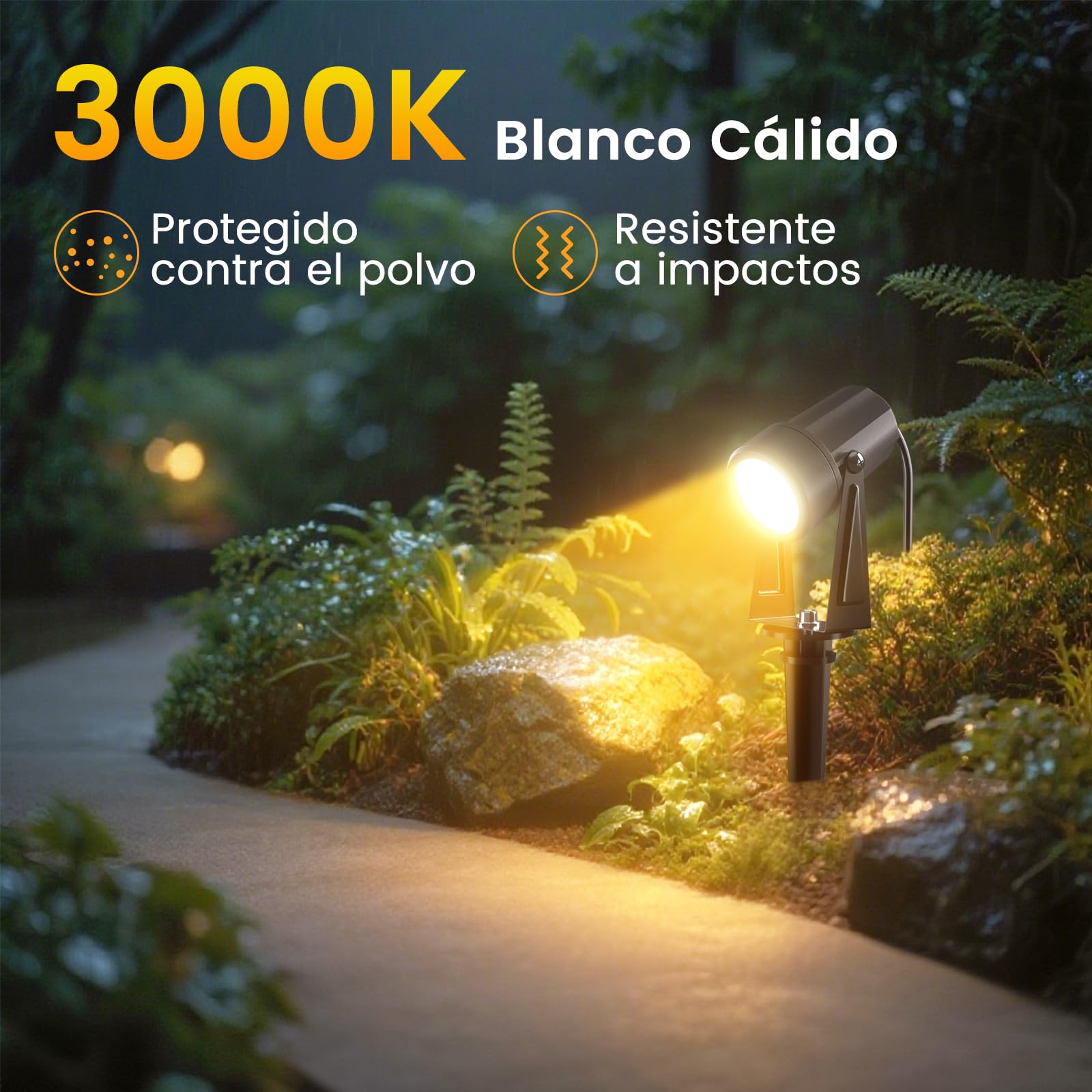 Focos Led Exterior, 85FT/26M 8 * 3W LED Focos de Jardín con Estaca, Blanco Cálido 3000K 14V IP65 Impermeable, al Aire Libre Iluminación de Caminos para Césped, Patios
