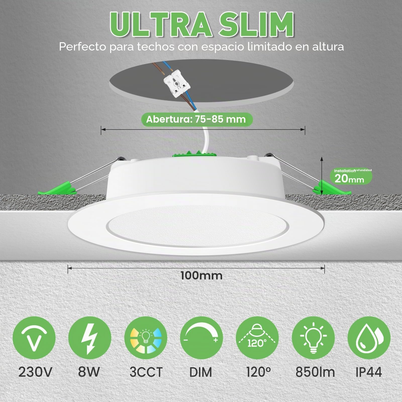 ALUSSO Downlight LED Techo Empotrable Regulable, 8W 850LM IP44 Focos LED Interior Techo Empotrado 3000K 4000K 6500K Ajustable, Corte 75-85mm, 6 Pack