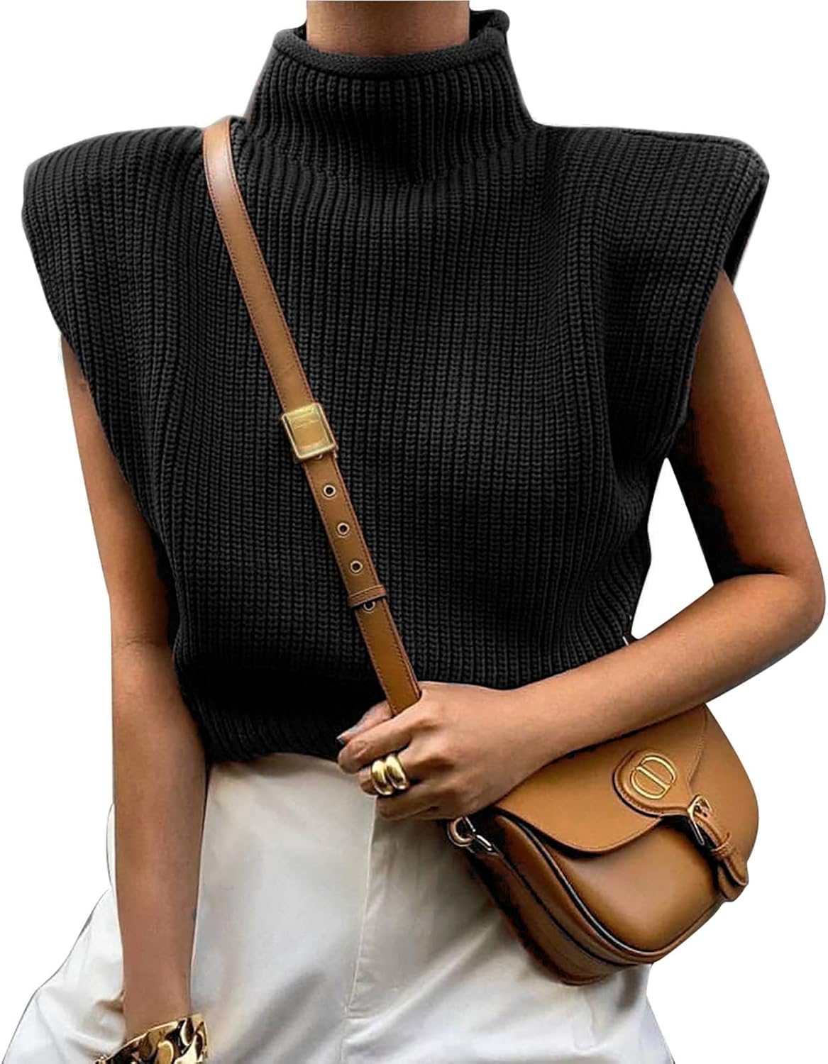ZPLSTORE Maglione da donna a collo alto senza maniche a maglia a tinta unita a costine con ZPLSTORE Maglione da donna a collo alto senza maniche a maglia a tinta unita a costine con