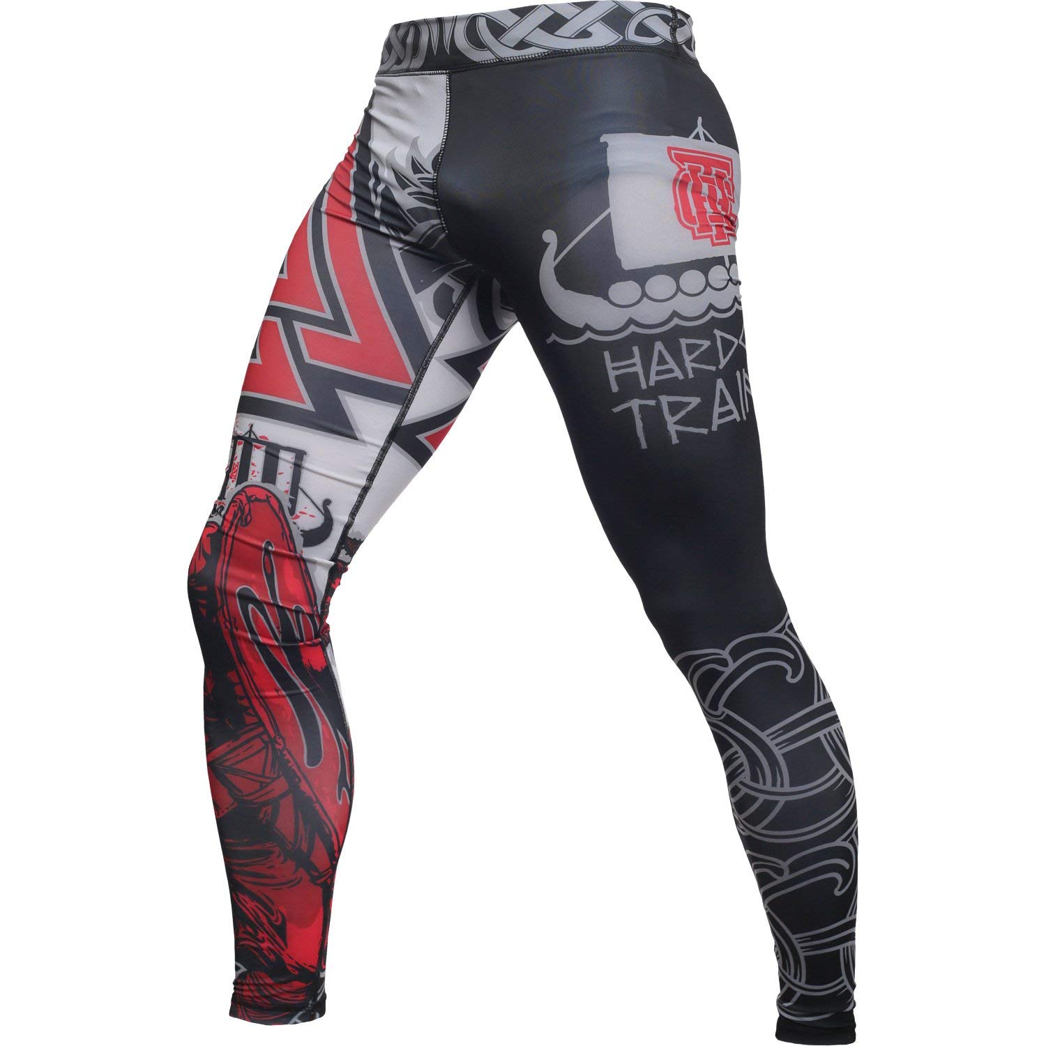 Hardcore Training Men's Compression Pants Spodnie Kompresyjne Leginsy Mężczyźni Bokx Running Muay Thai MMA No Gi BJJ Grappling (DE/NL/SE/PL, Alfa, M, Regularny, Regularny, szaro-czerwony)