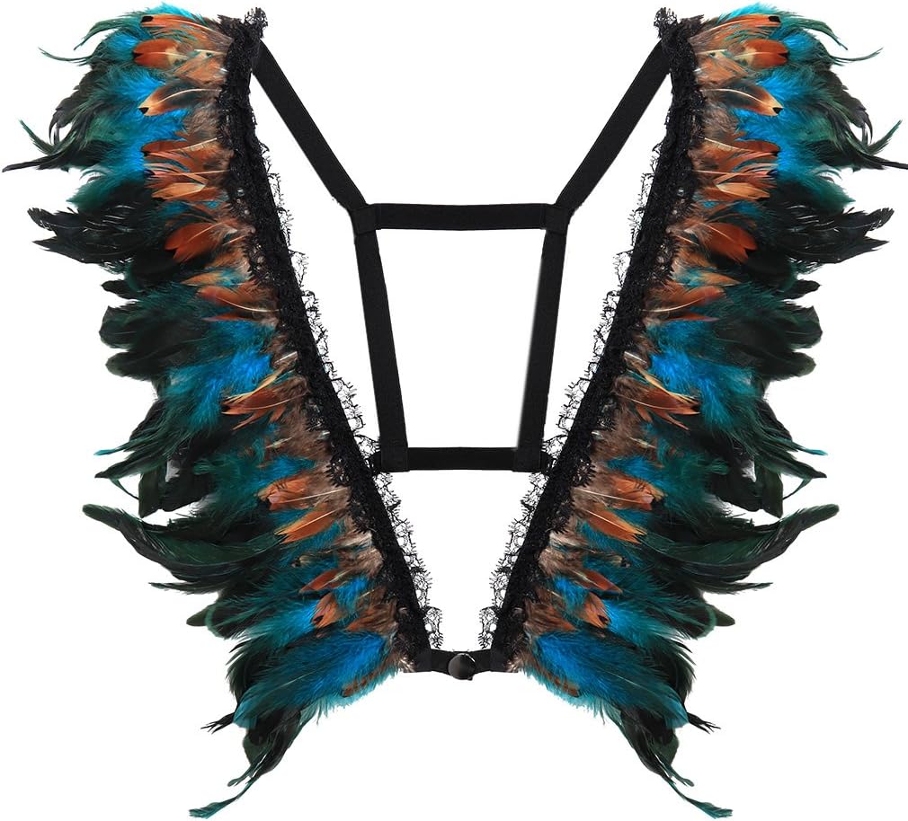 Women's Feathers Body Harness Bra Carnival Bra Elastic Adjustable Punk Gothic Dance Accessories