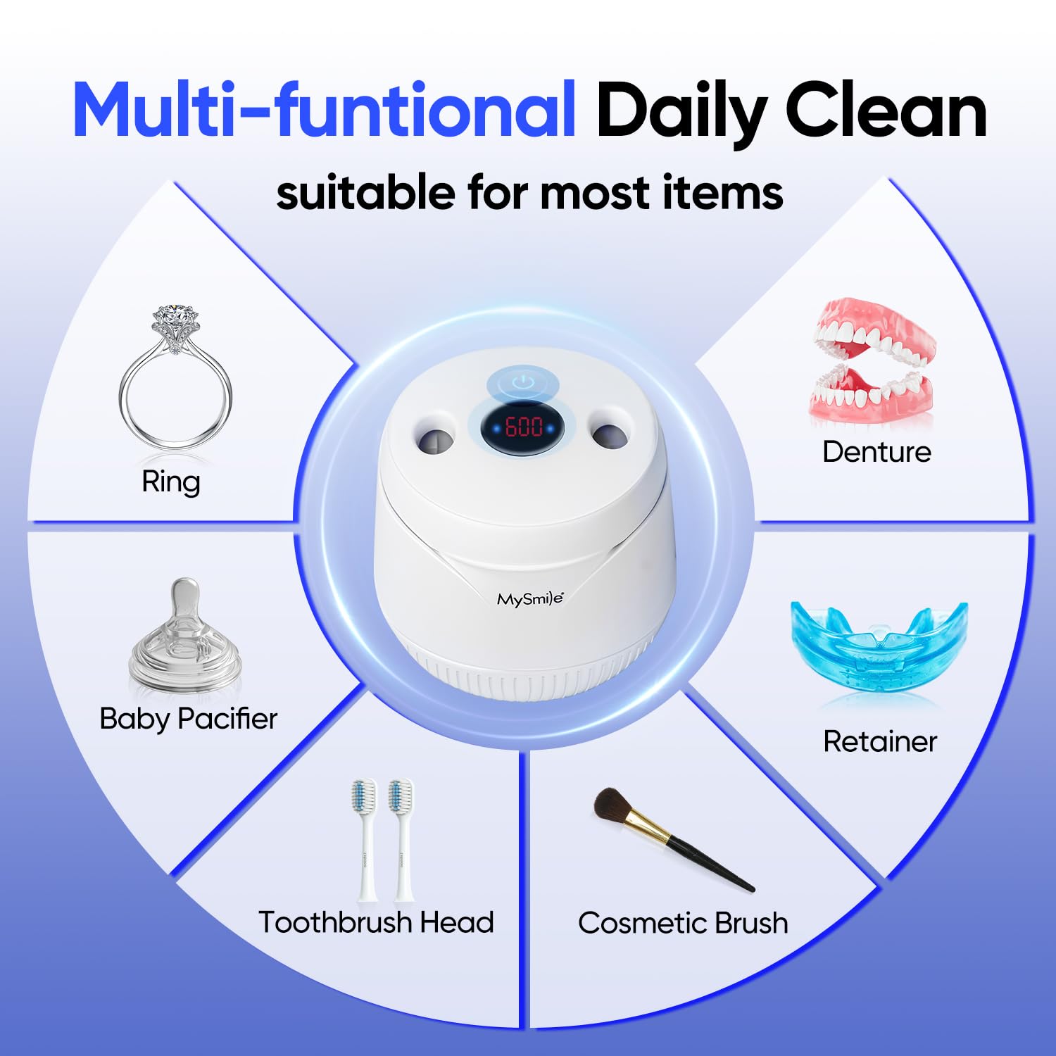 MySmile Limpiador ultrasónico de retención - Máquina limpiadora de dentaduras postizas de 45 kHz con capacidad de 200ml para alineador, protector bucal (blanco)