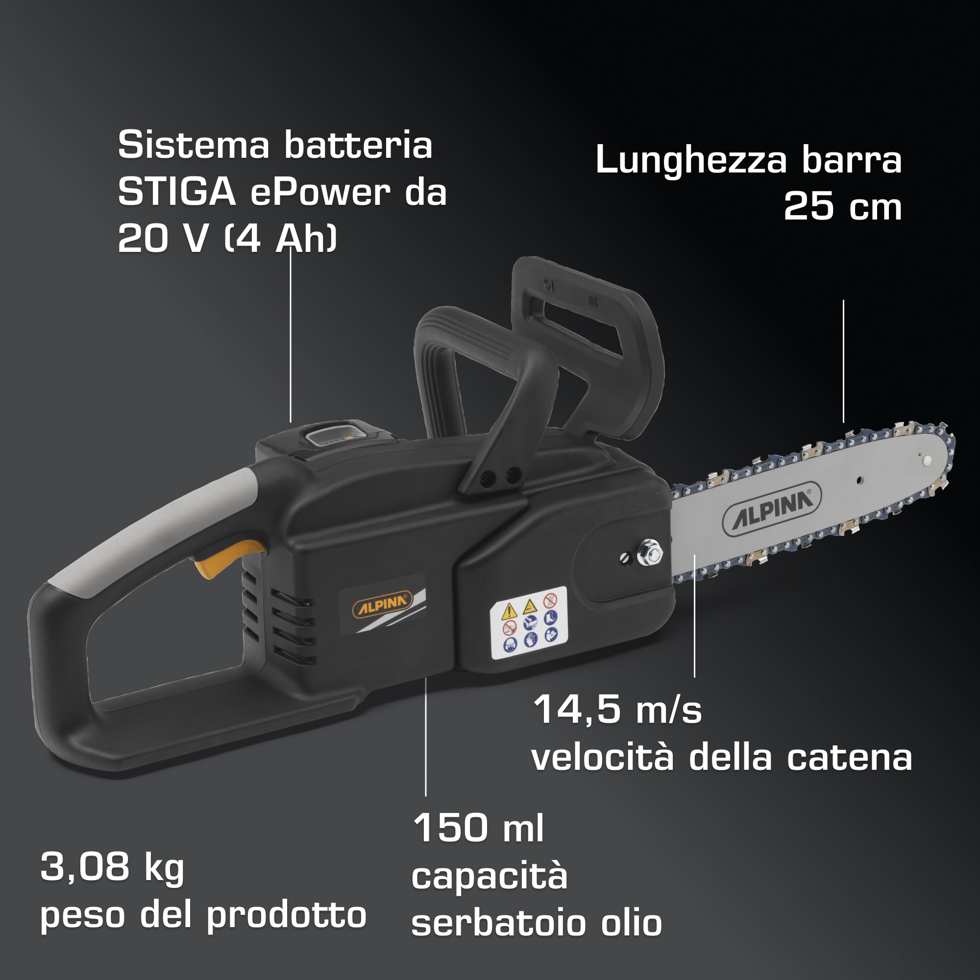 Alpina AC 20 Li Kit Motosega a Batteria, 700 W, 25 cm – 1 Batt. 4 Ah + Caric., Protezione Punta – Potatura e Taglio Legna